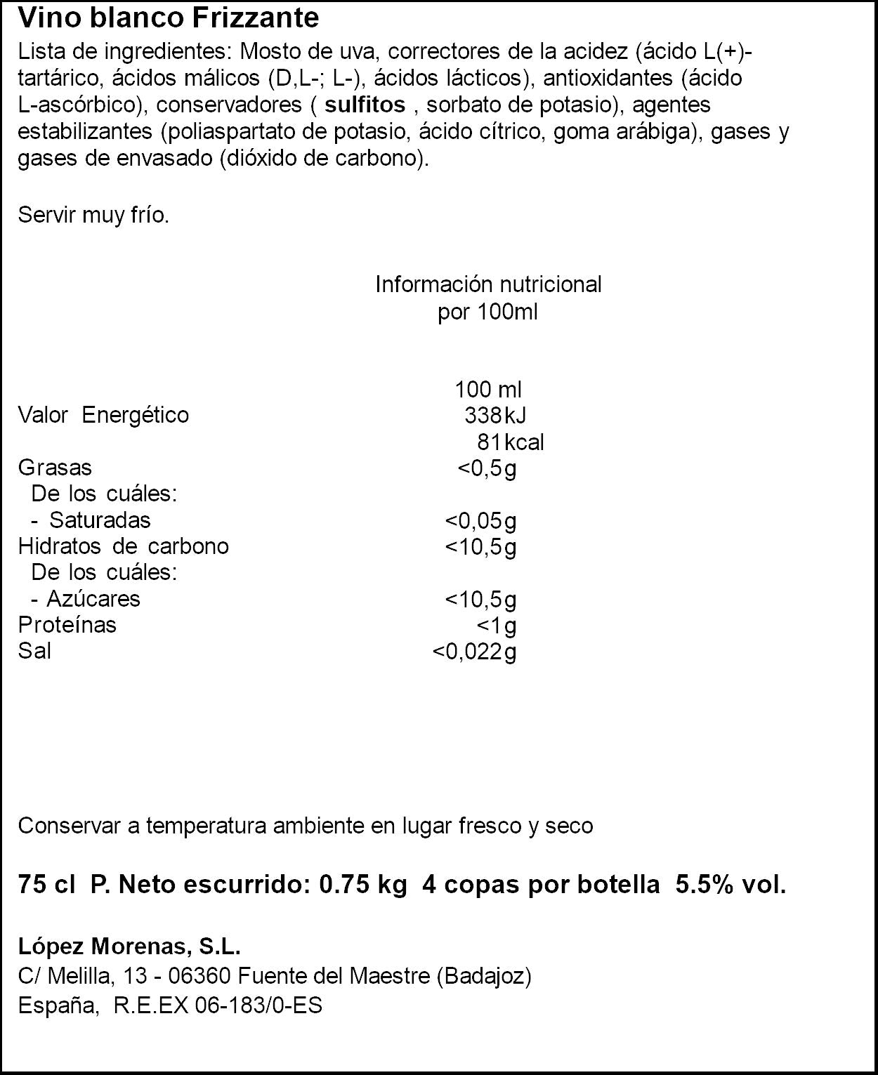 Vino blanco verdejo frizante 5.5% cristal Bonne chance 750ml