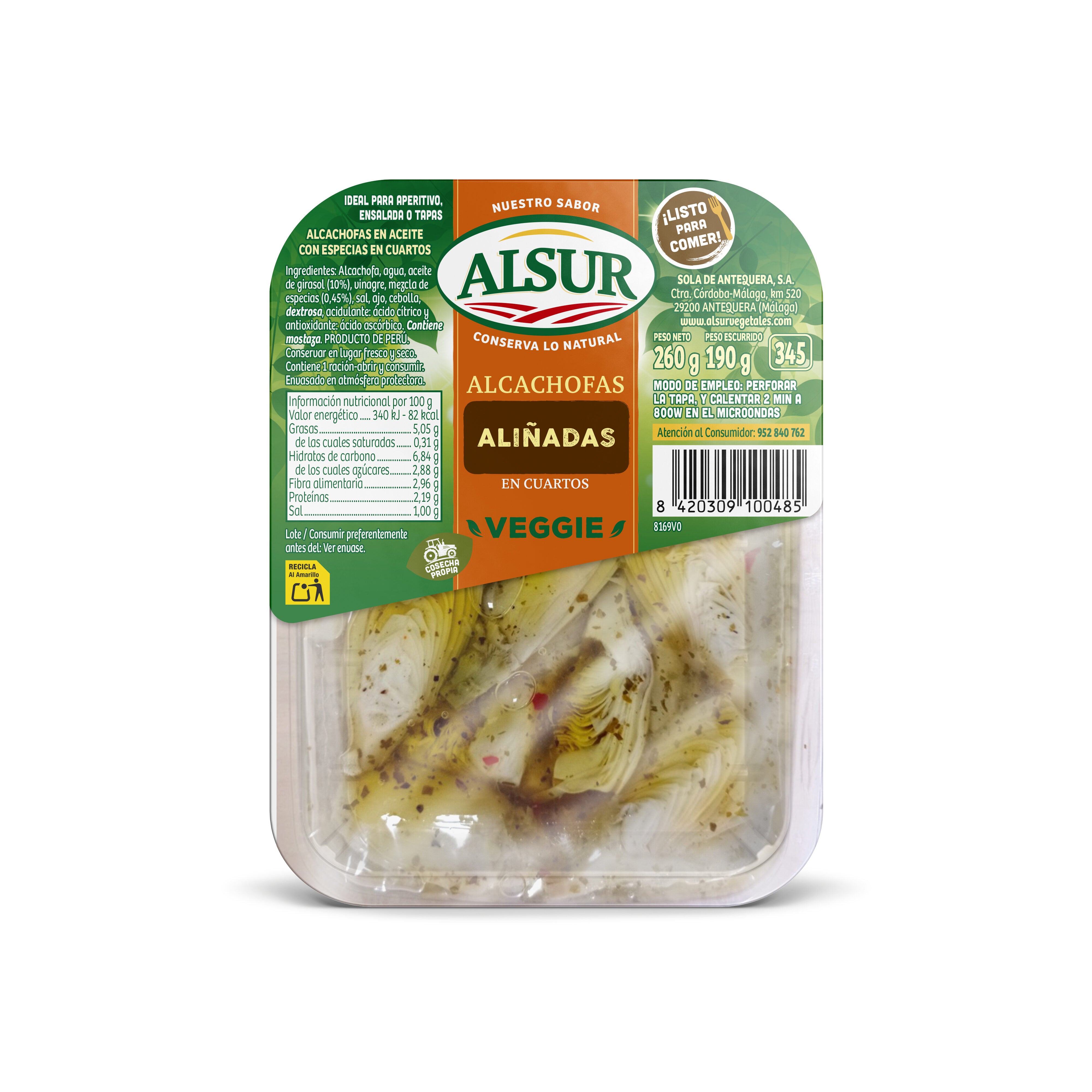 Alcachofa cuartos marinada aceite bandeja Alsur 190g escurr