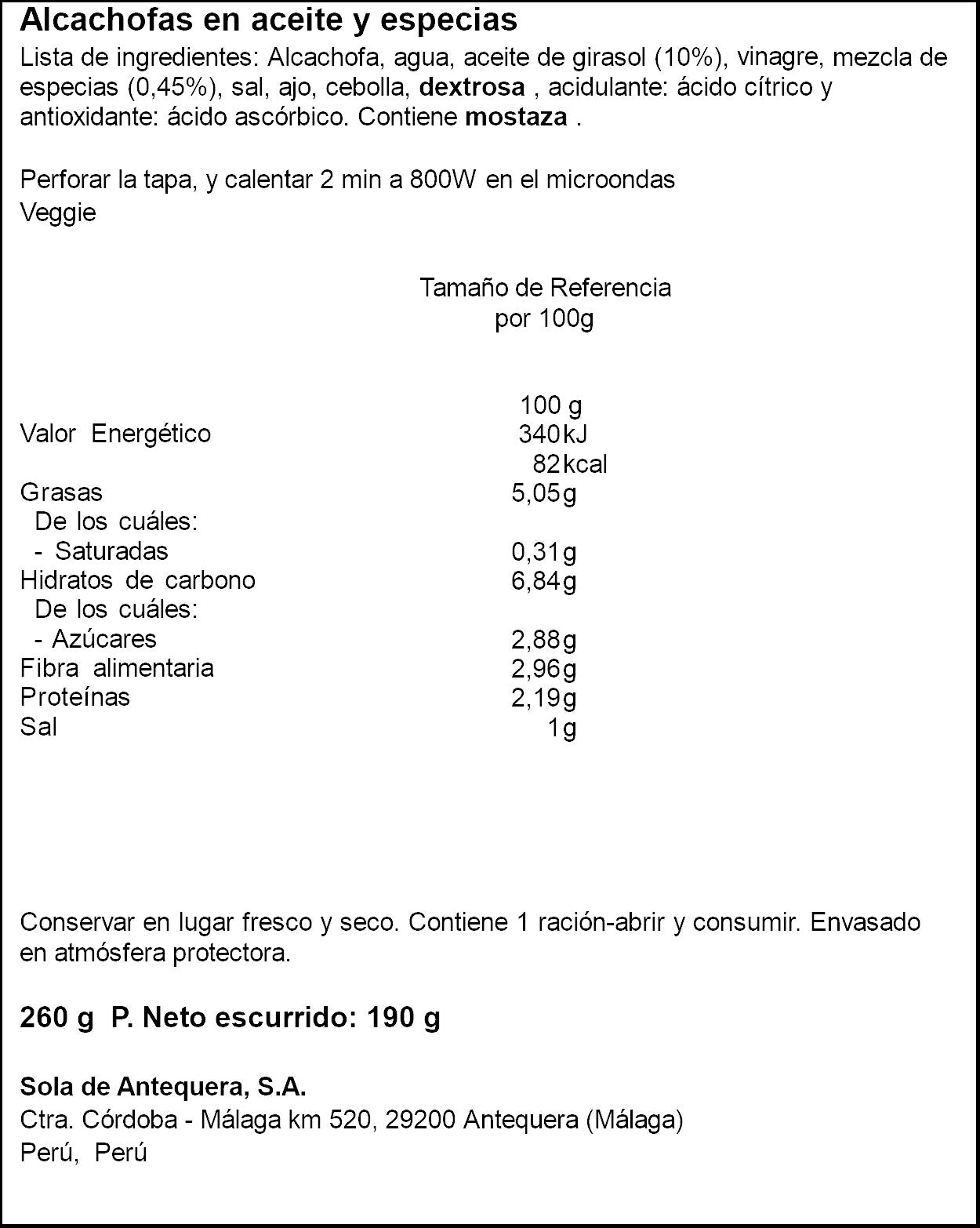 Alcachofa cuartos marinada aceite bandeja Alsur 190g escurr