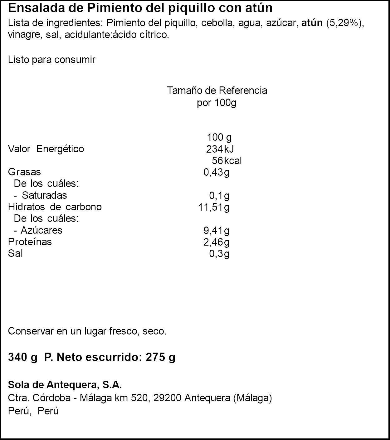 Ensalada pimientos c/atún cristal Alsur 275g escurr