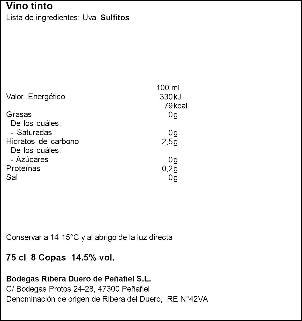 Vino tinto ribera del duero roble Protos 750ml