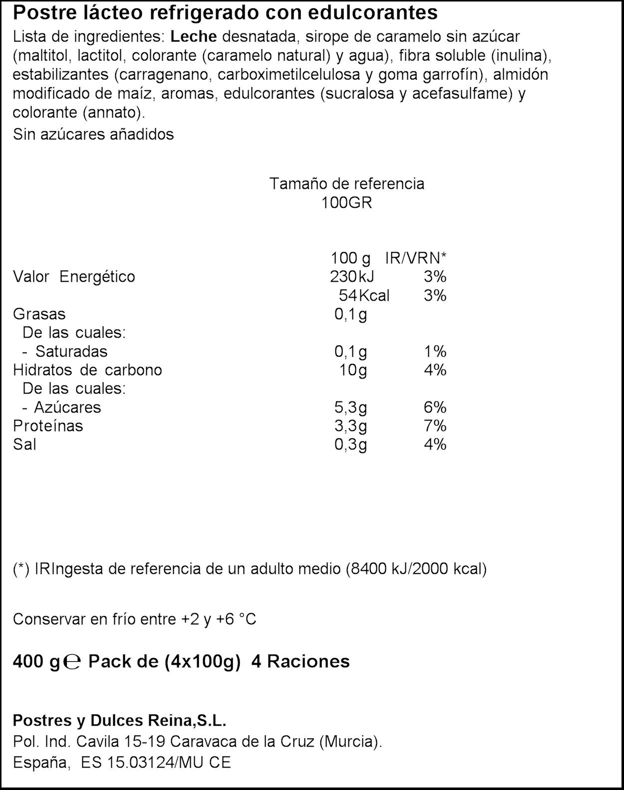 Flan vainilla 0%mg s/gluten s/azu Reina p4 125g/u