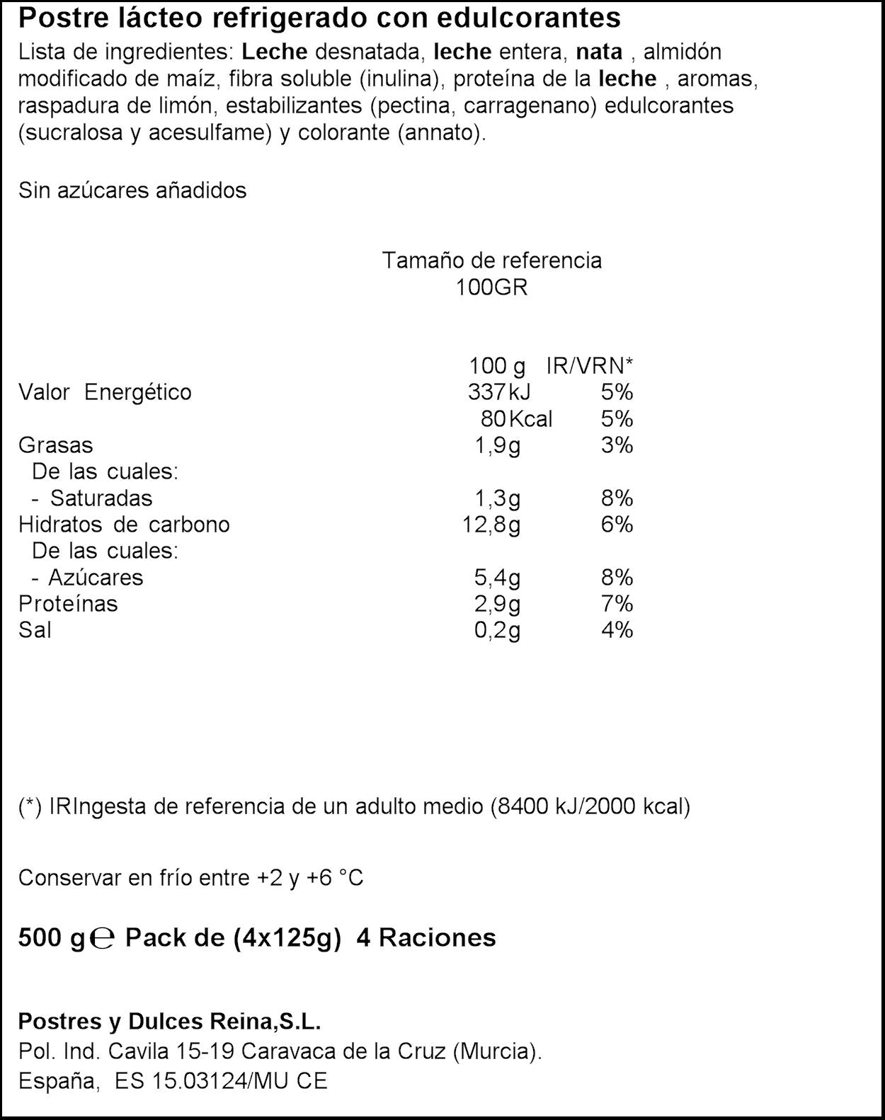 Natilla vainilla s/gluten s/azúcar Reina p4 125g/u