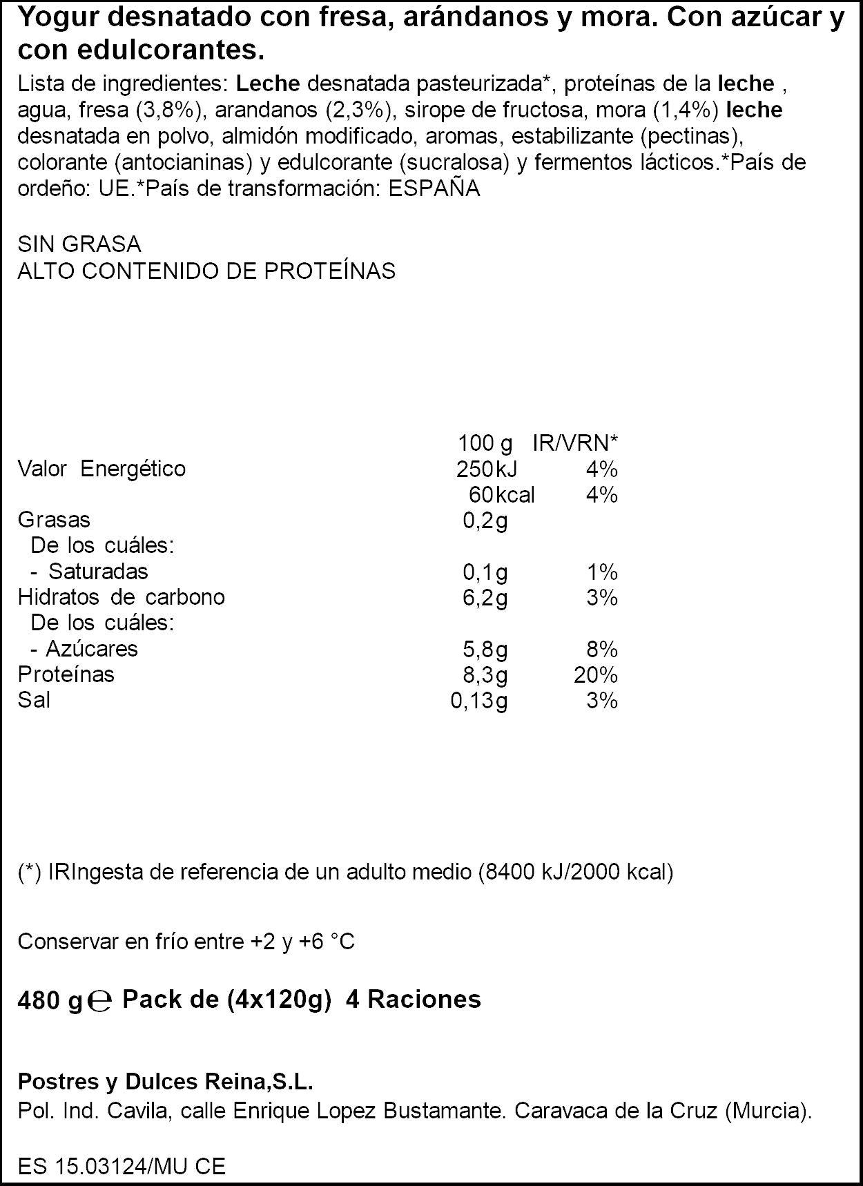 Yogur extra proteina frutos del bosque Reina p4 120g/u