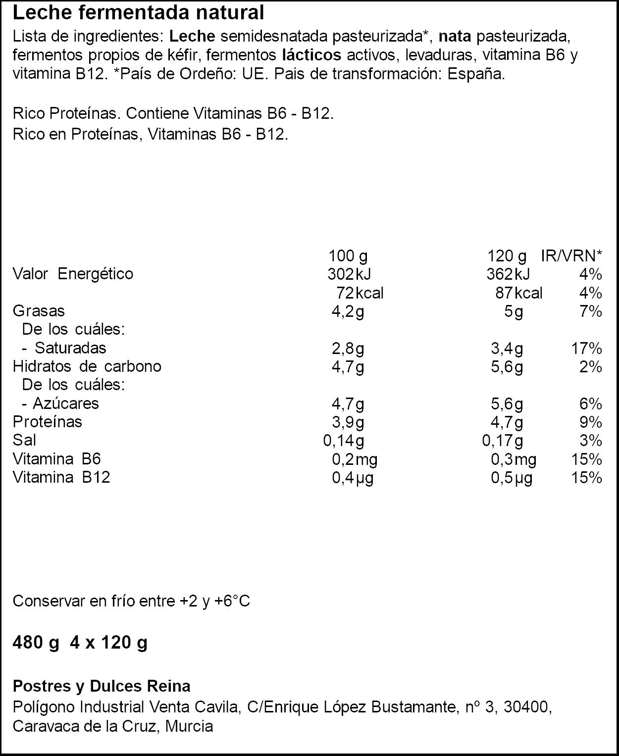 Kefir Natural Reina P4 120g/u
