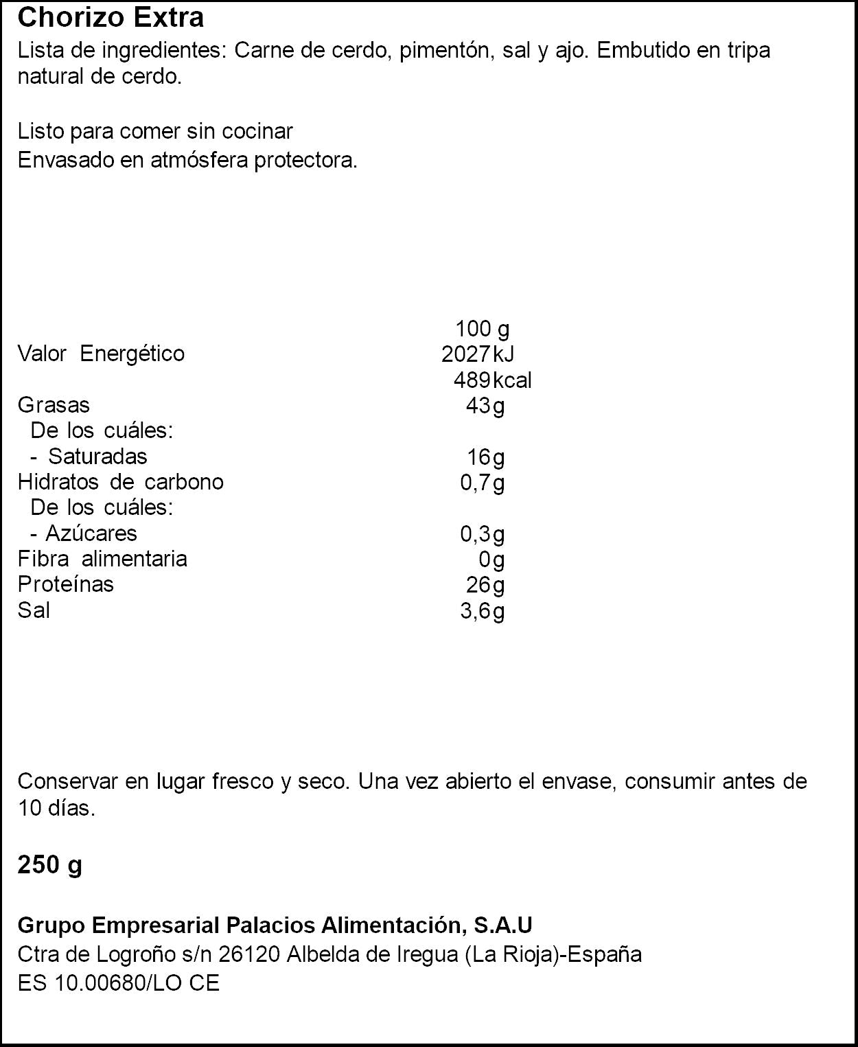 Chorizo sarta extra Palacios 250g
