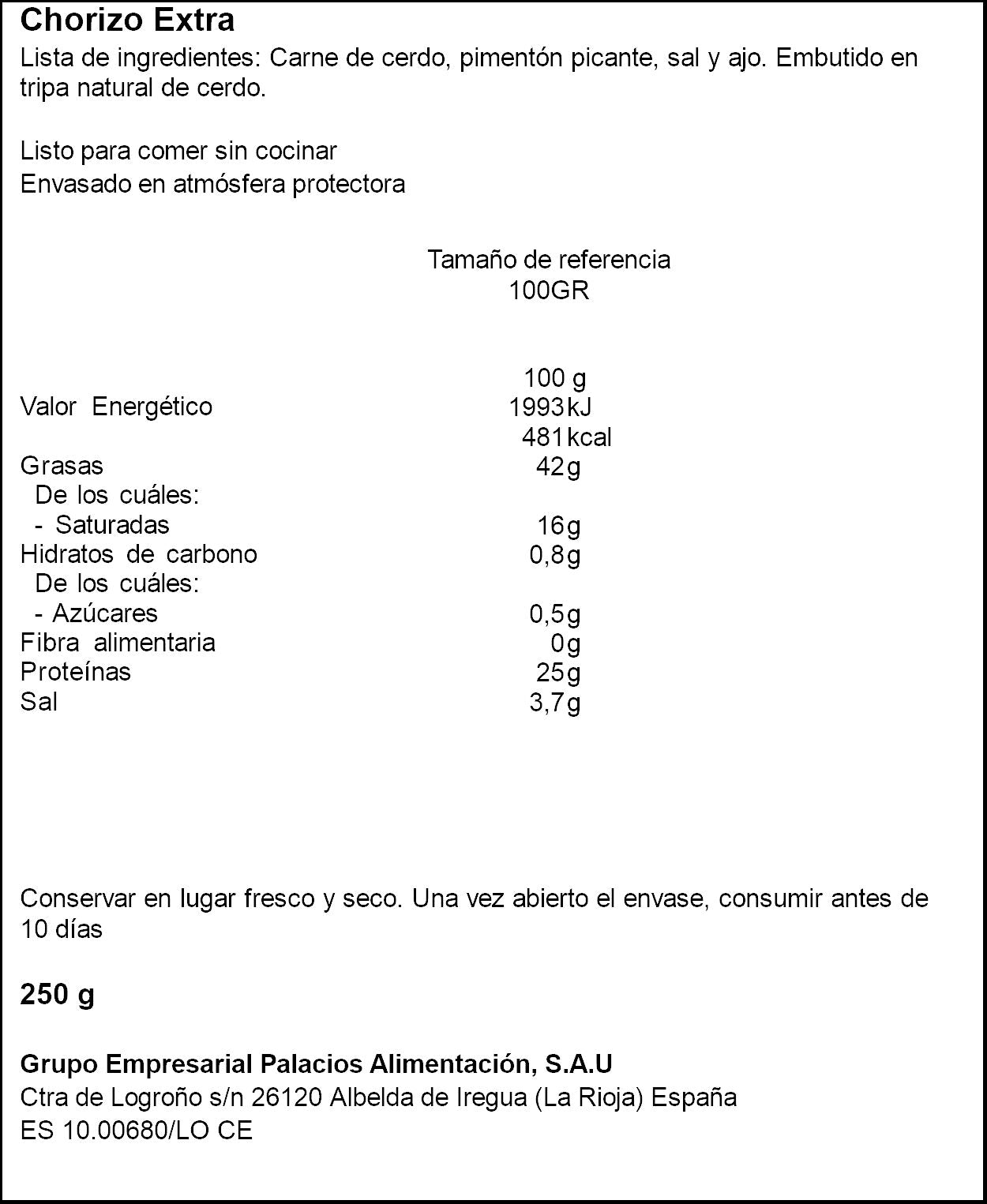 Chorizo sarta picante Palacios 250g