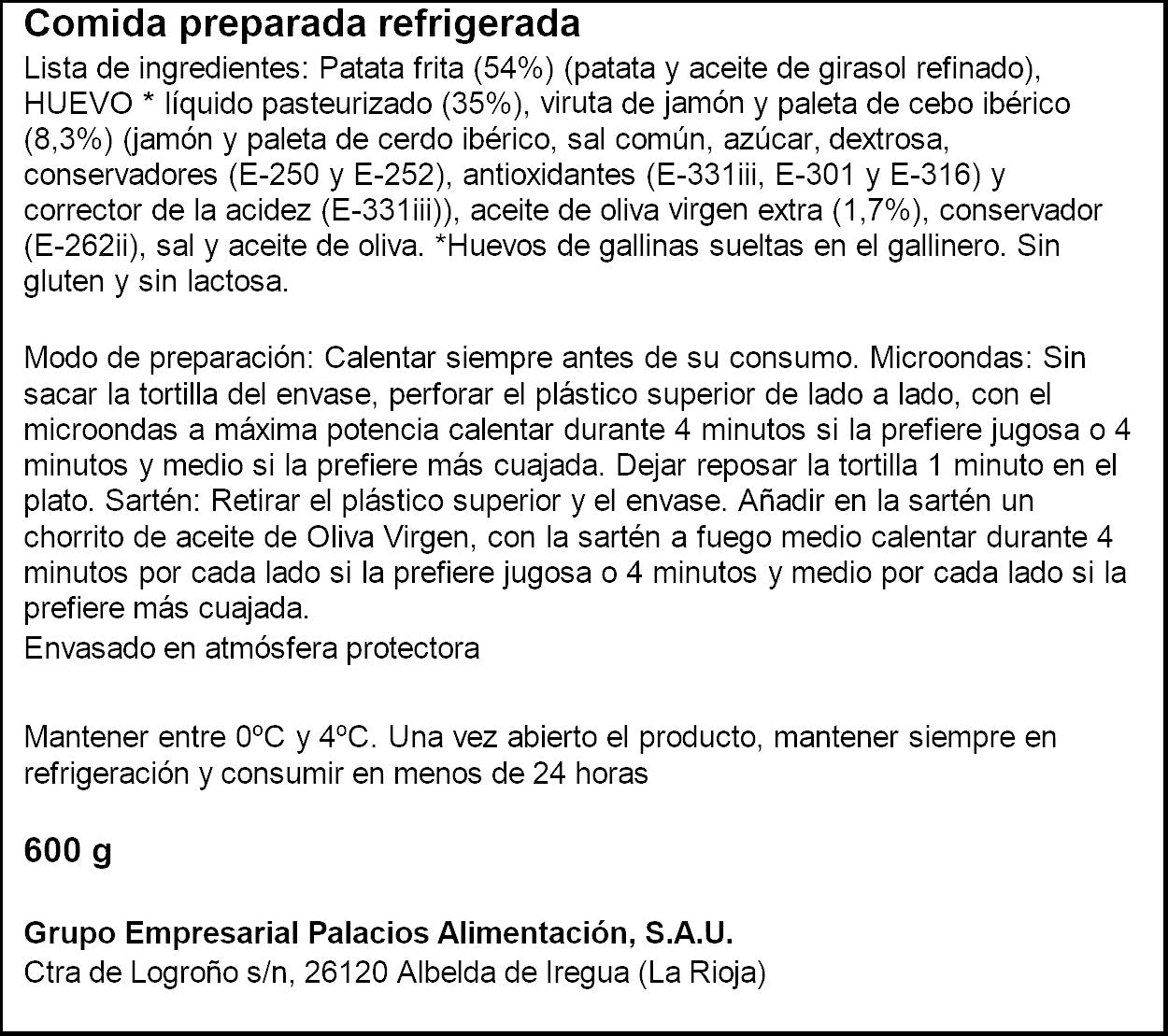 Tortilla casera iberica Palacios 600g