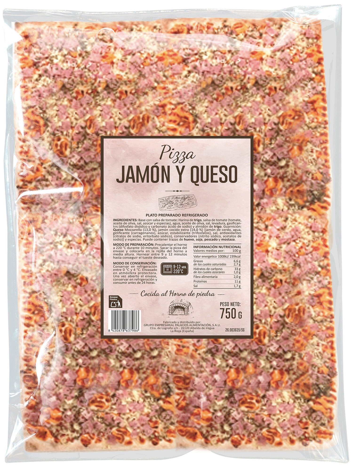 Pizza rectangular jamon y queso Palacios 750g