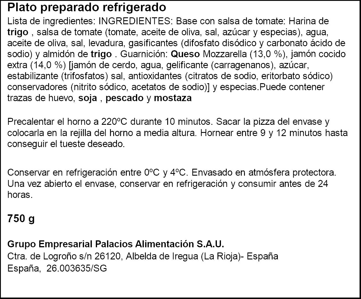 Pizza rectangular jamon y queso Palacios 750g