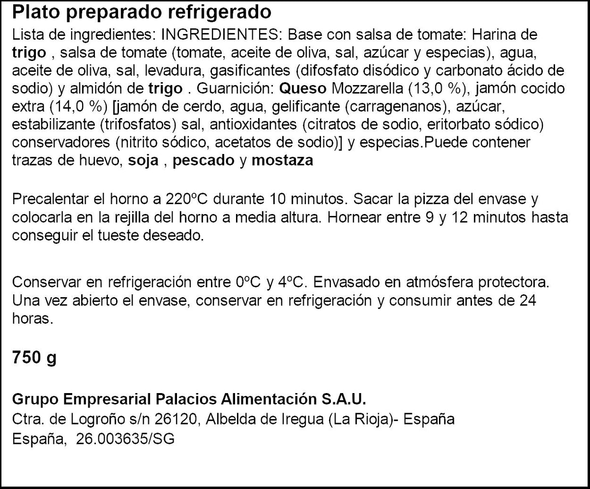 Pizza rectangular jamon y queso Palacios 750g