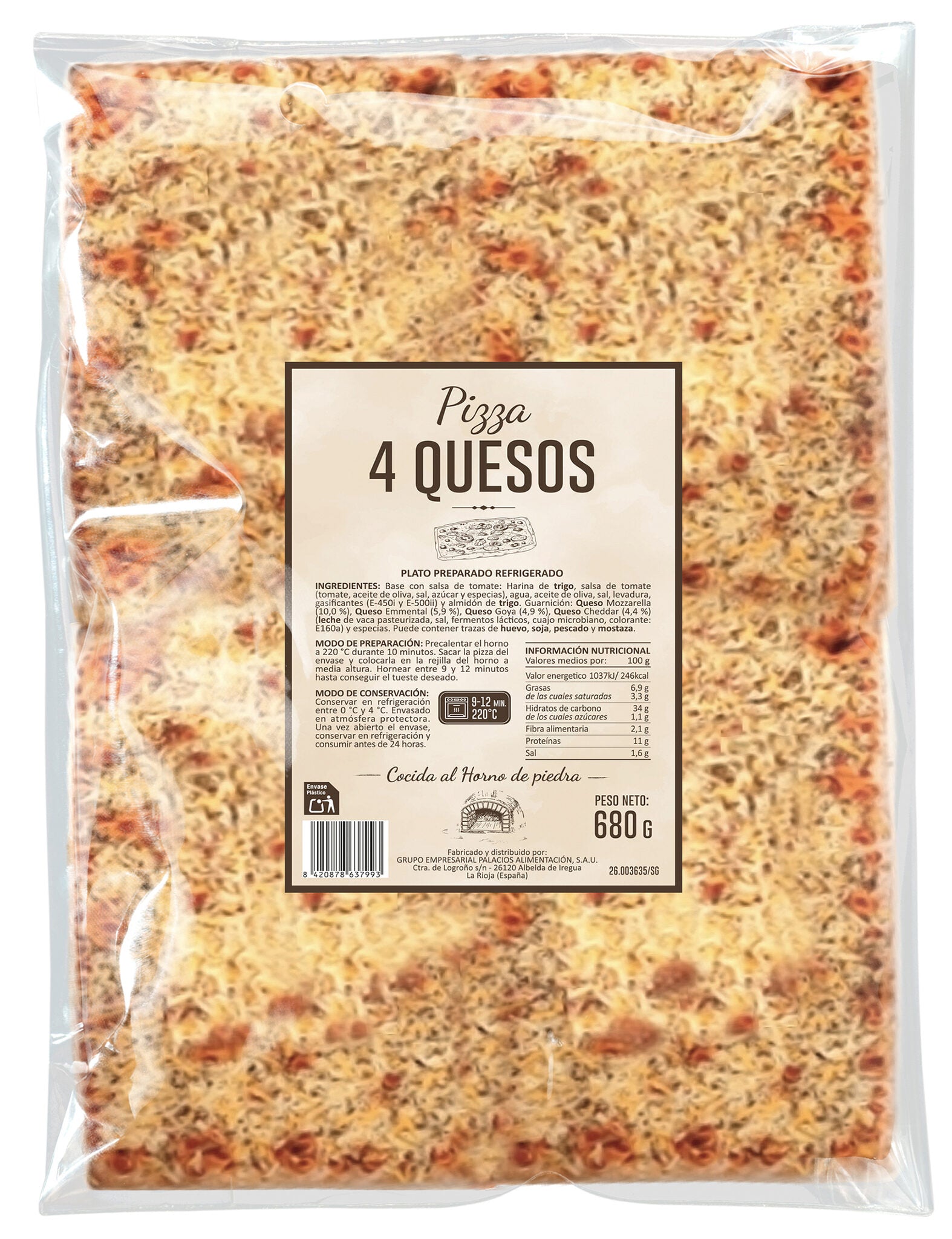 Pizza rectangular 4 quesos Palacios 750g