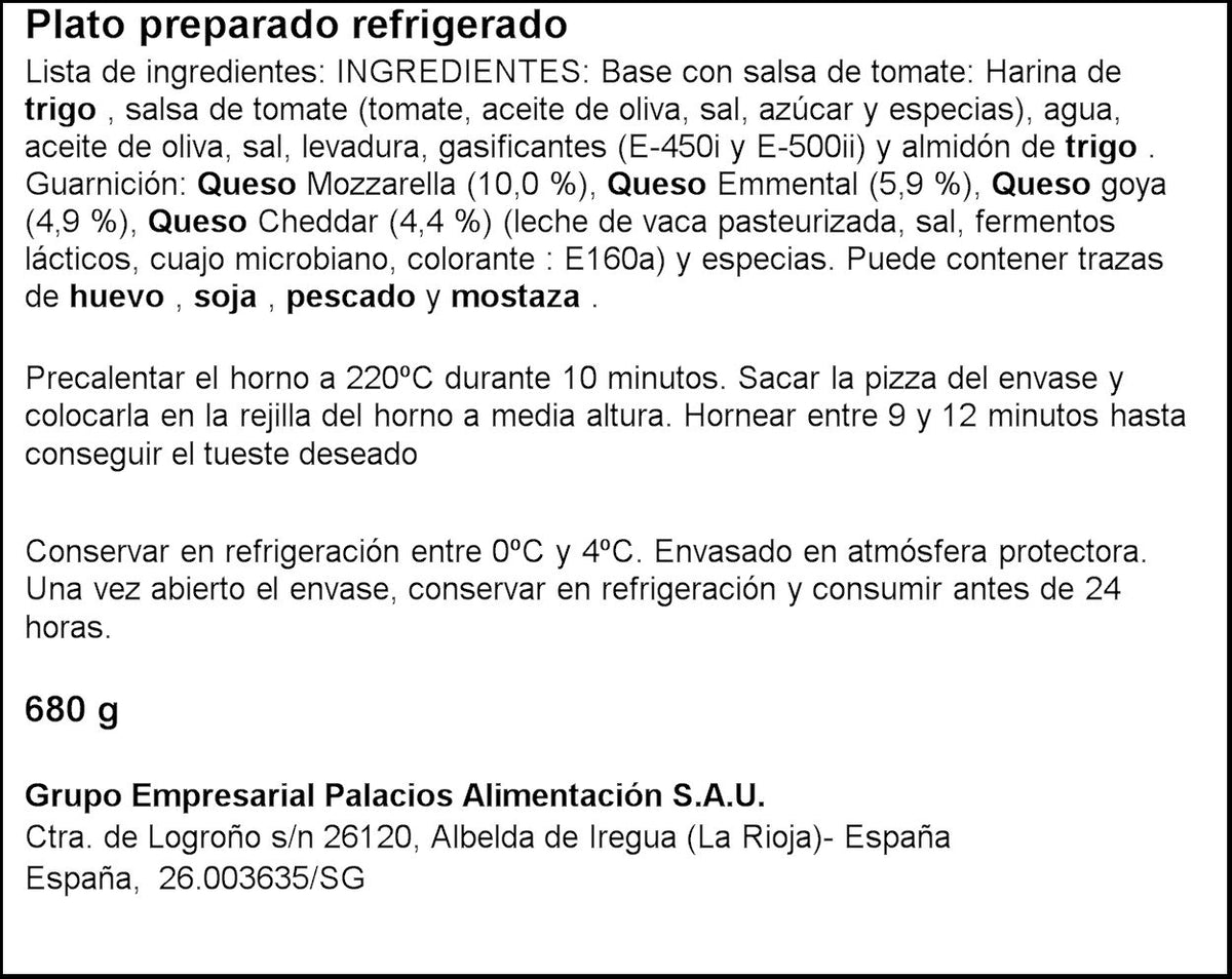 Pizza rectangular 4 quesos Palacios 750g