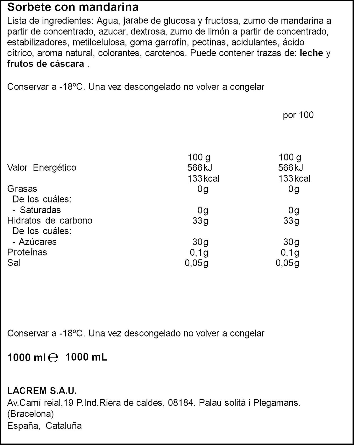 Sorbete mandarina La menorquina 1l