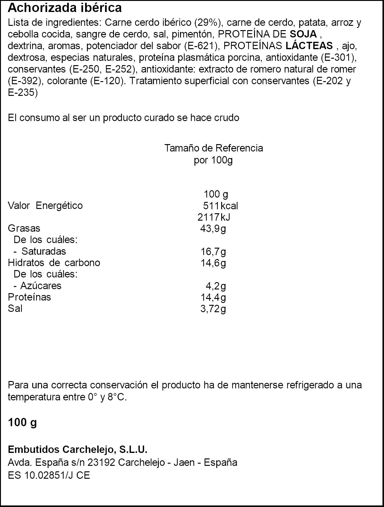 Morcilla achorizada iberica lonchas Carchalejo 100g