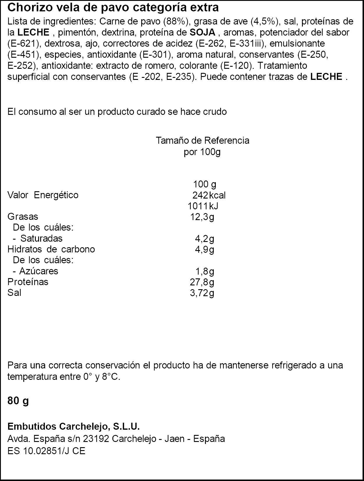 Chorizo vela pavo lonchas Carchalejo 80g