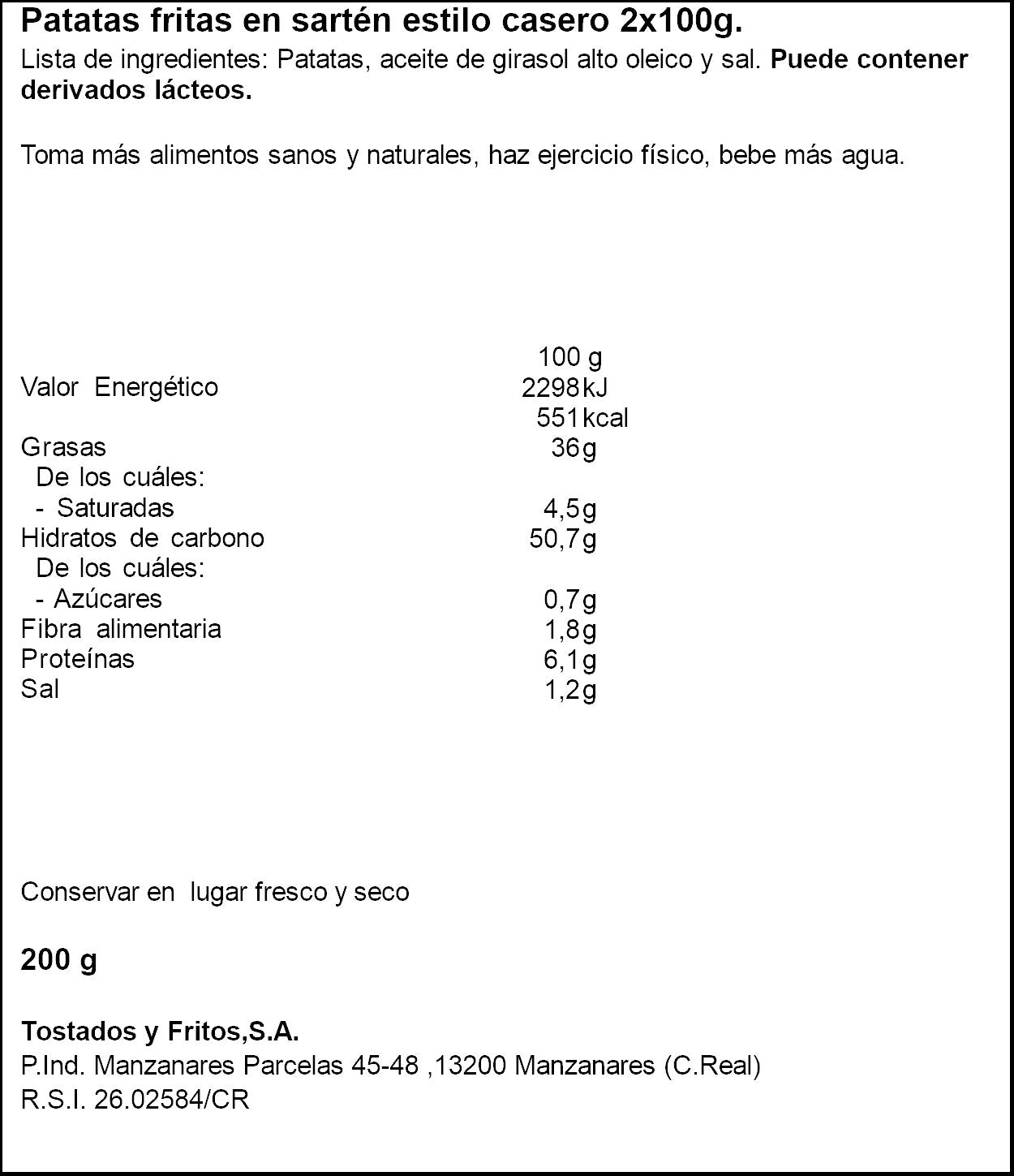 Patatas fritas cartucho artesanas Tosfrit p2 110g/u