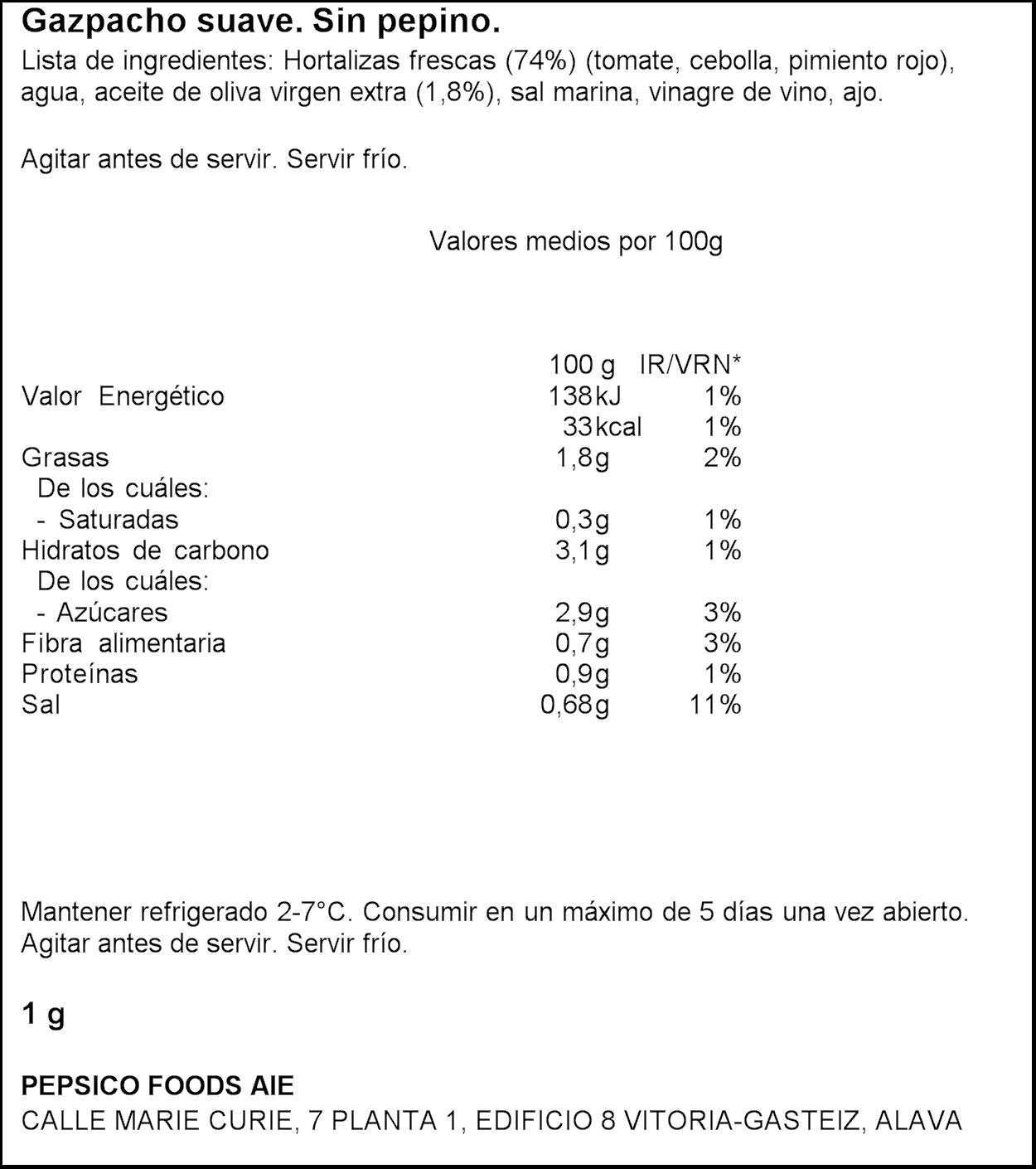 Gazpacho suave s/pepino Alvalle 1l
