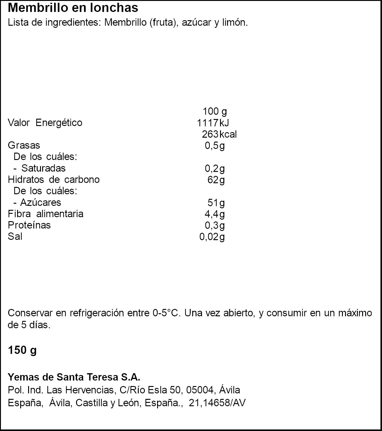 Membrillo 100% natural lonchas Santa Teresa 150g