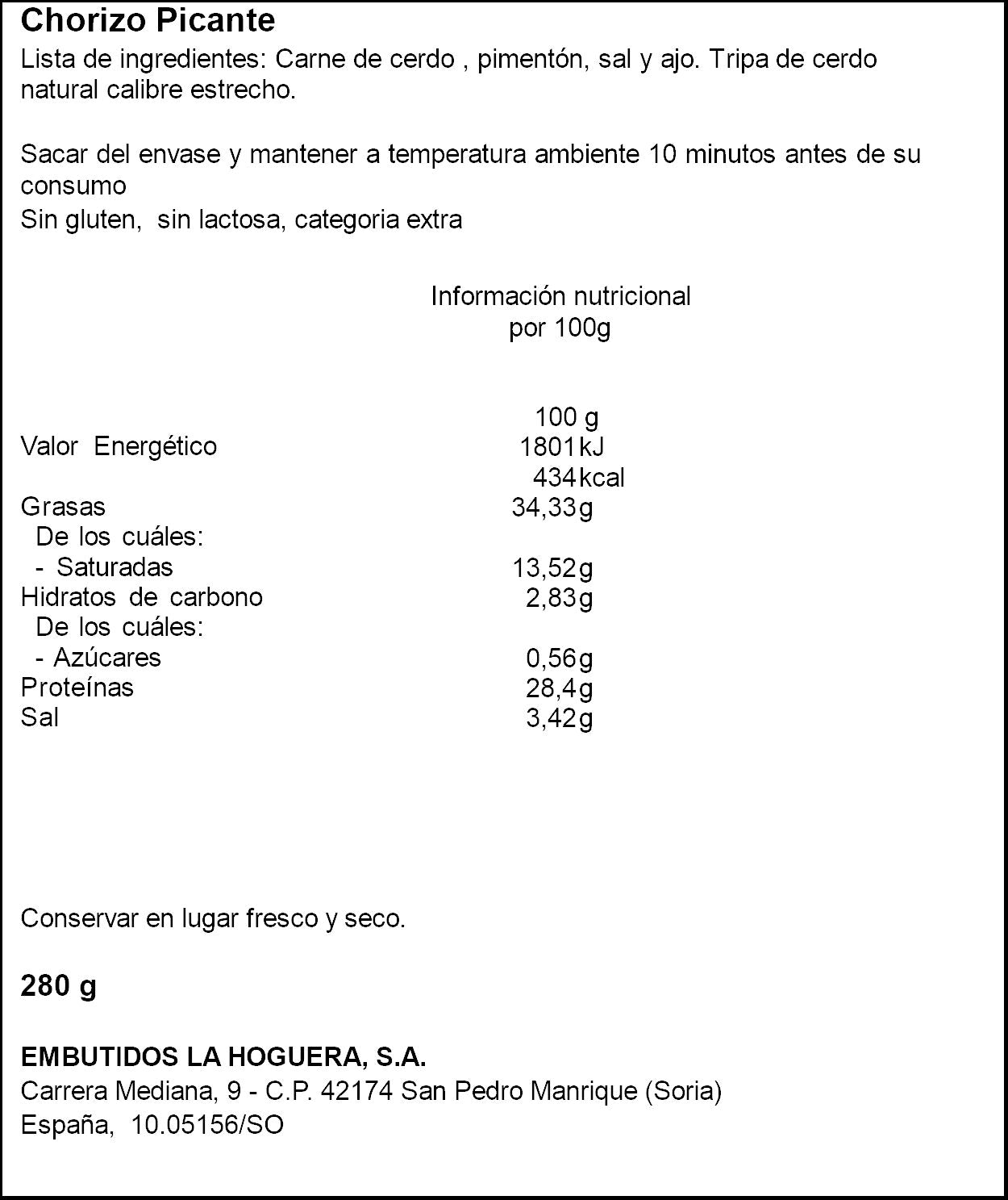 Chorizo sarta picante extra La hoguera 280g