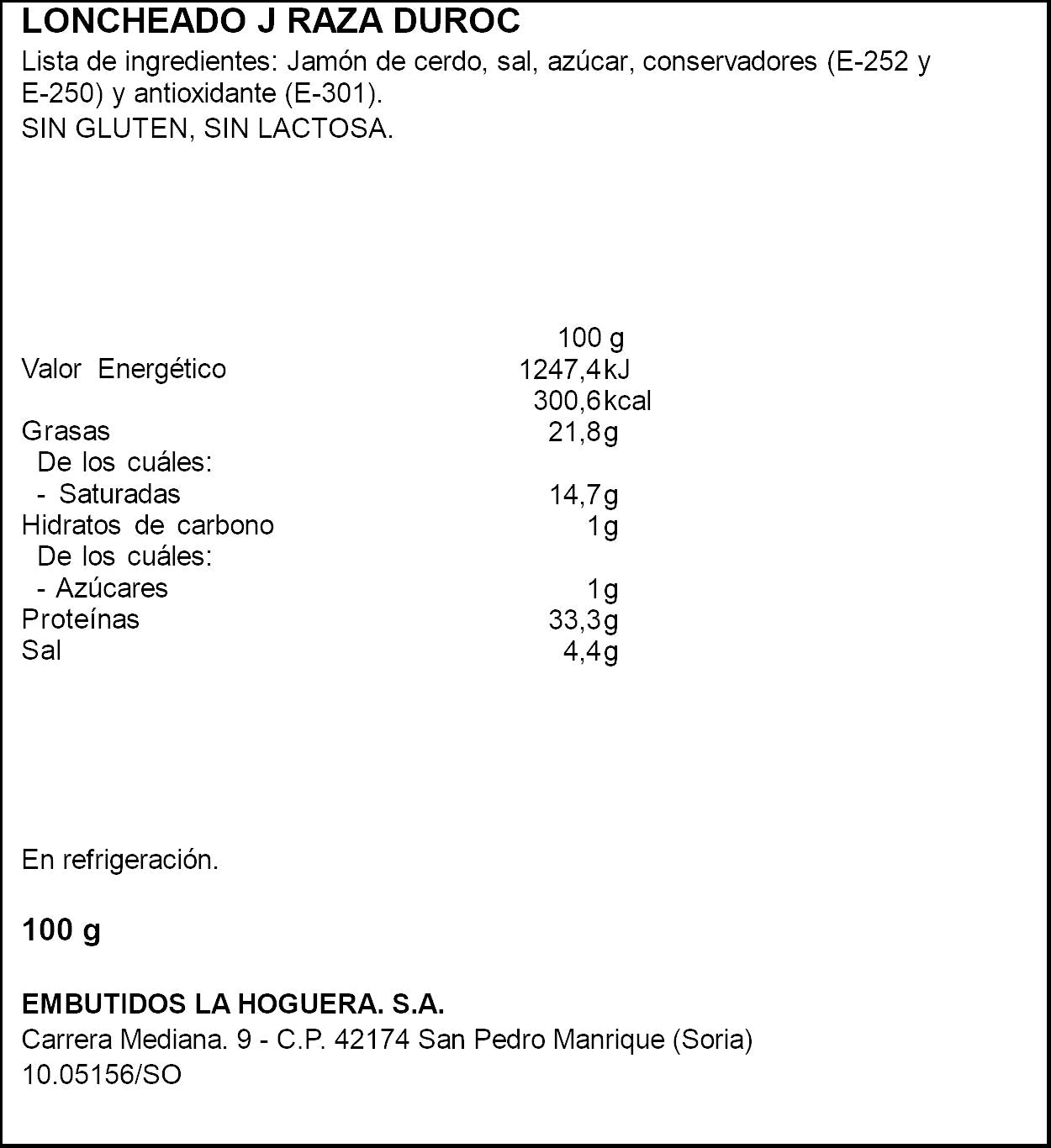 Jamon serrano duroc lonchas La hoguera 100g