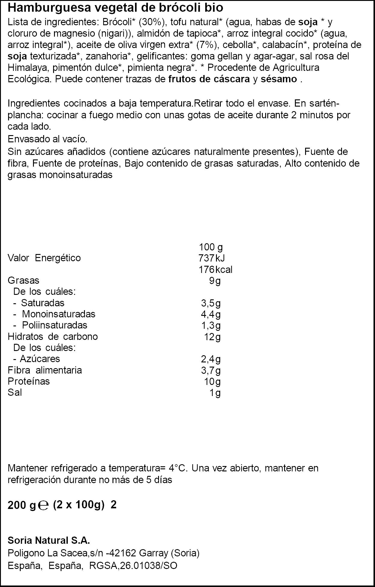 Hamburguesa de brocoli bio Soria natural p2 100g/u