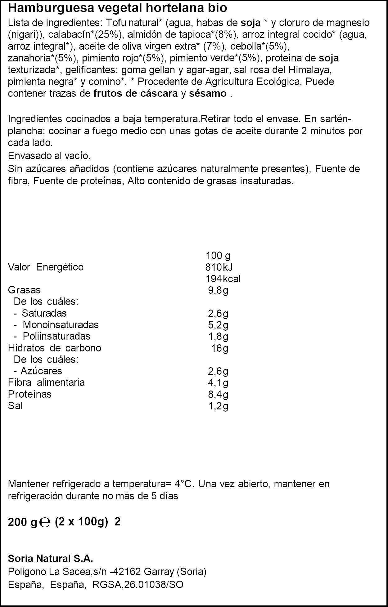 Hamburguesa hortelana bio Soria natural p2 100g/u