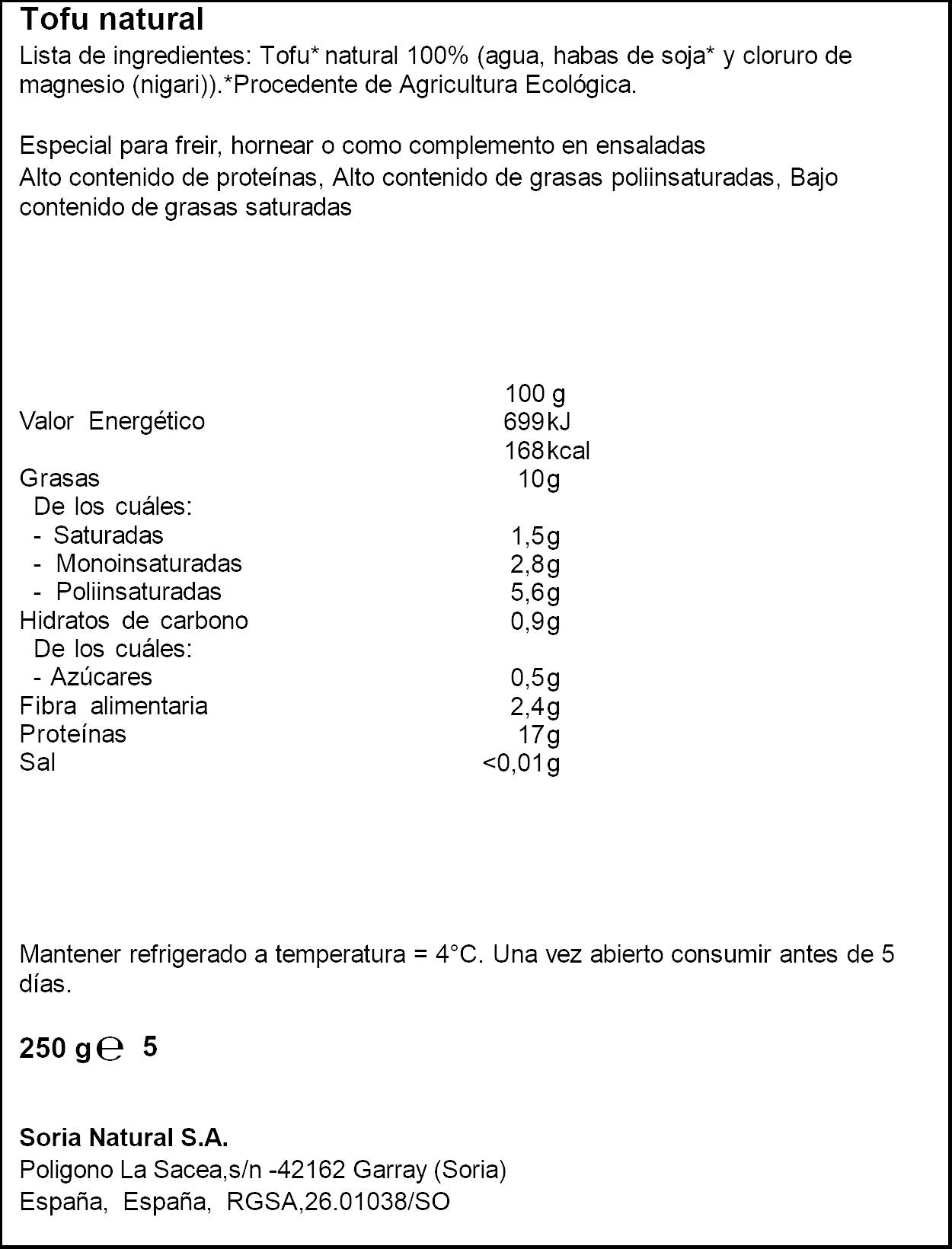 Tofu natural bio Soria natural  250g