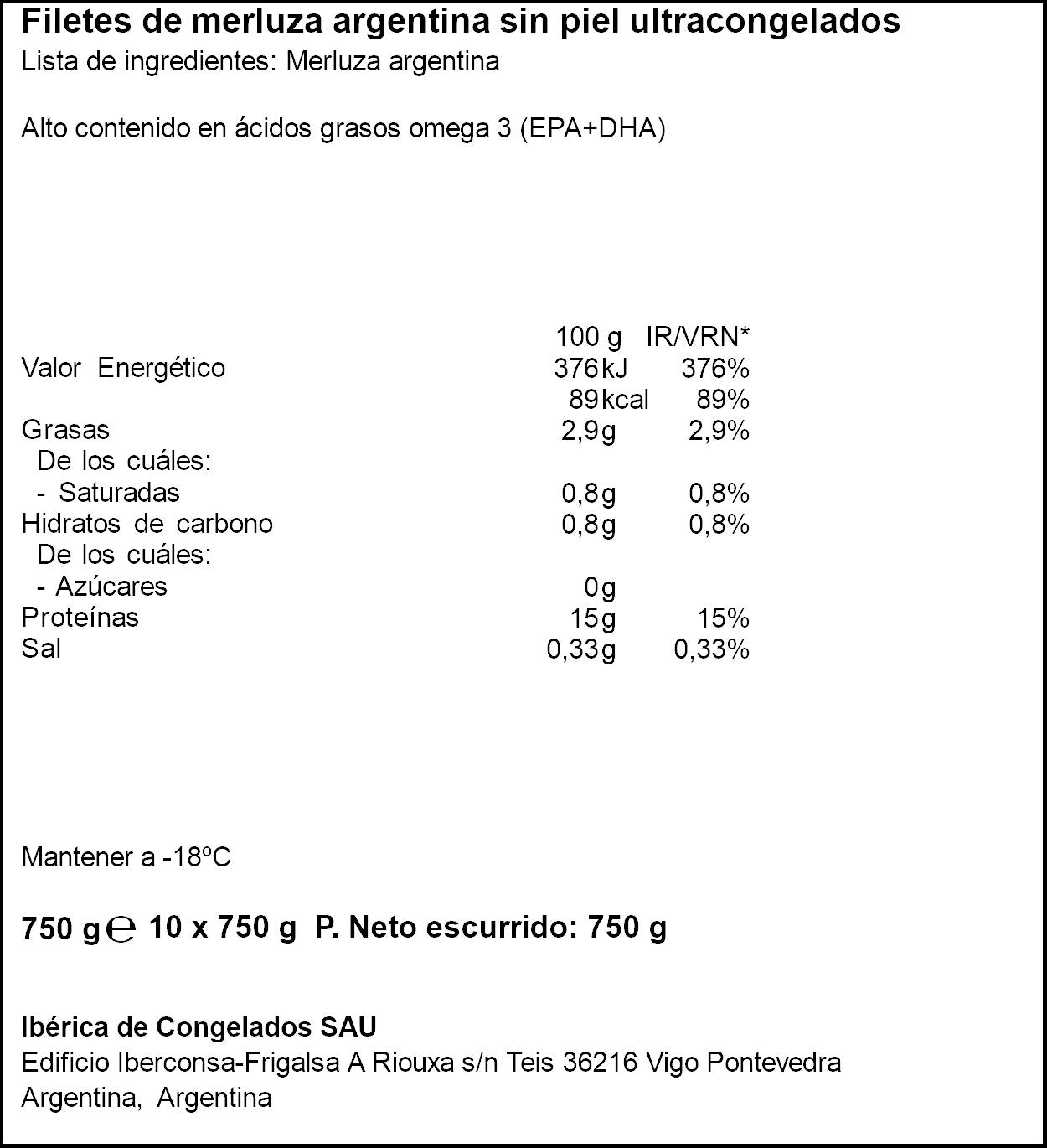 Filete merluza sin piel Nos 750g