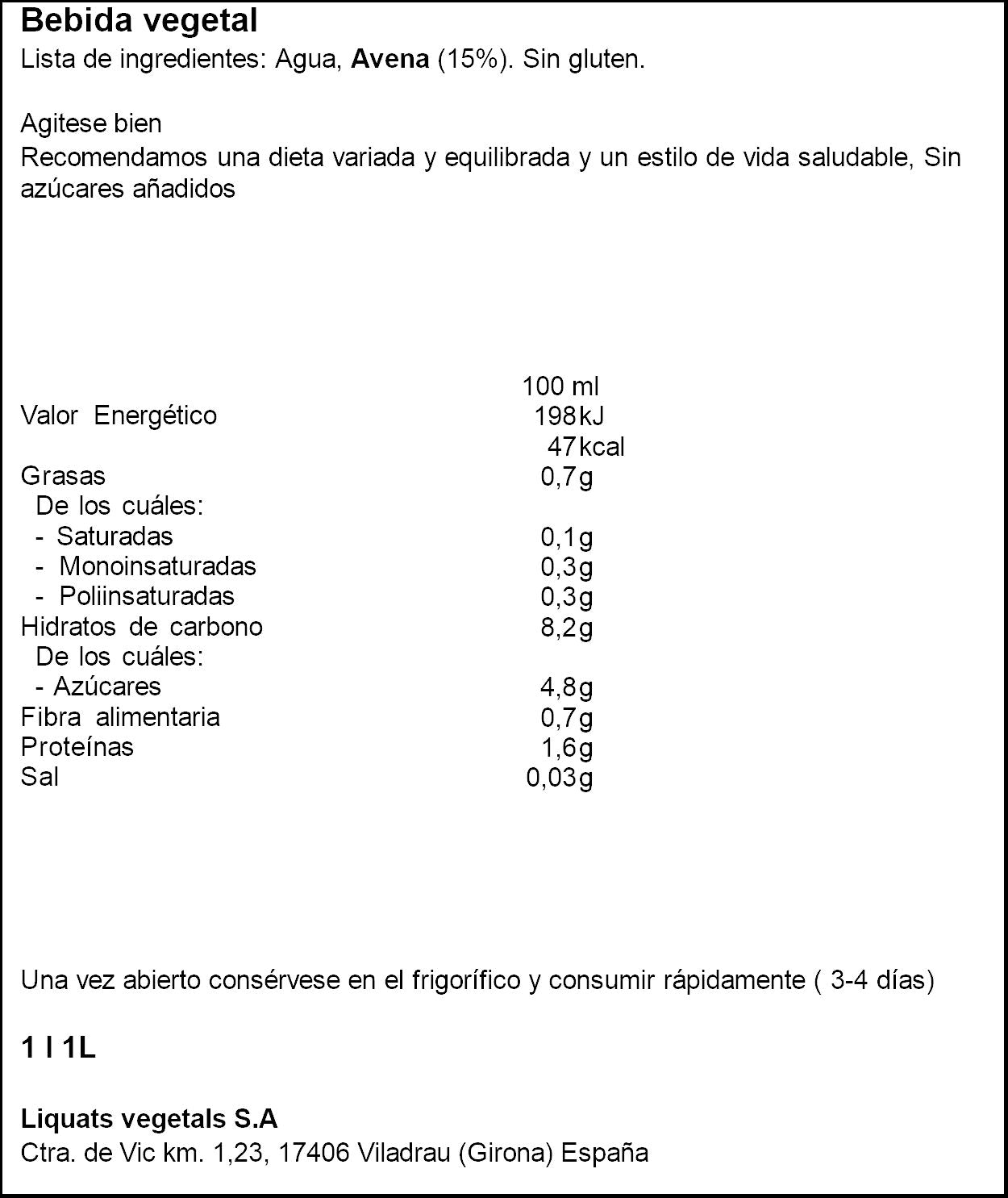 Bebida vegetal avena Yosoy 1l