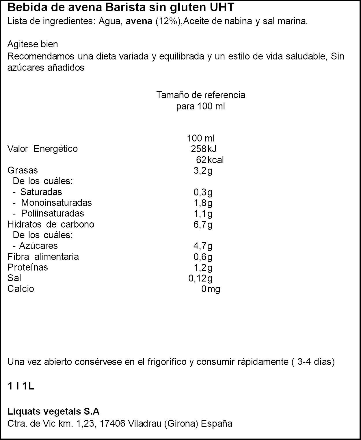 Bebida vegetal avena barista Yosoy 1l