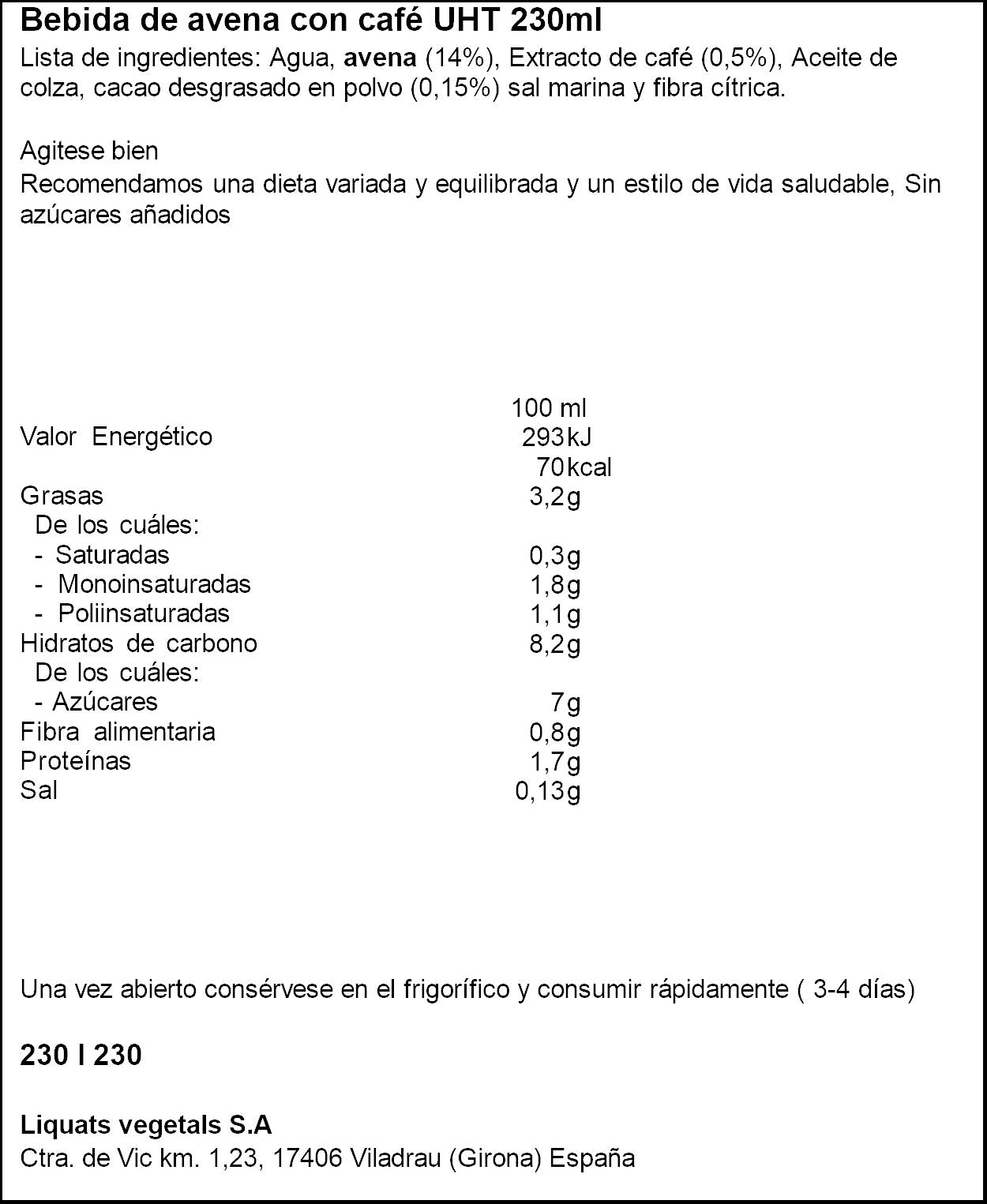 Café avena cappuccino Yosoy 230ml