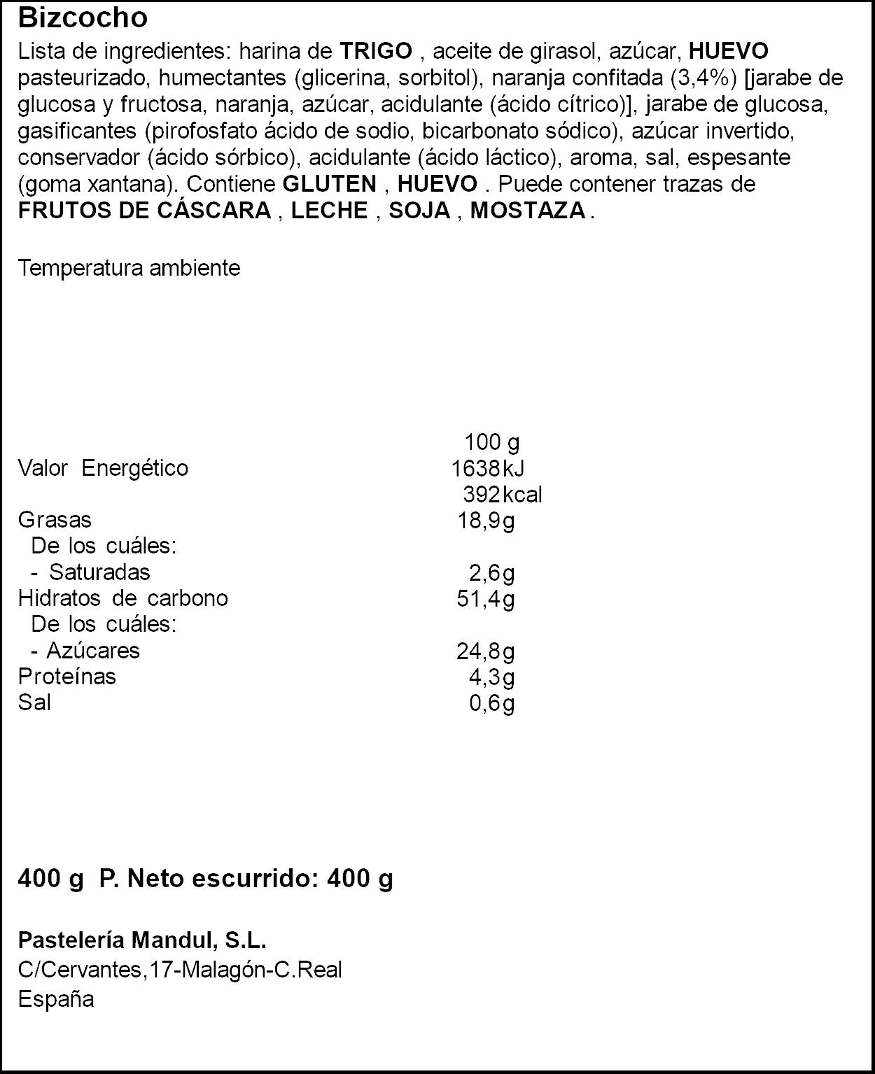 Bizcocho rondo naranja Mandul 400g