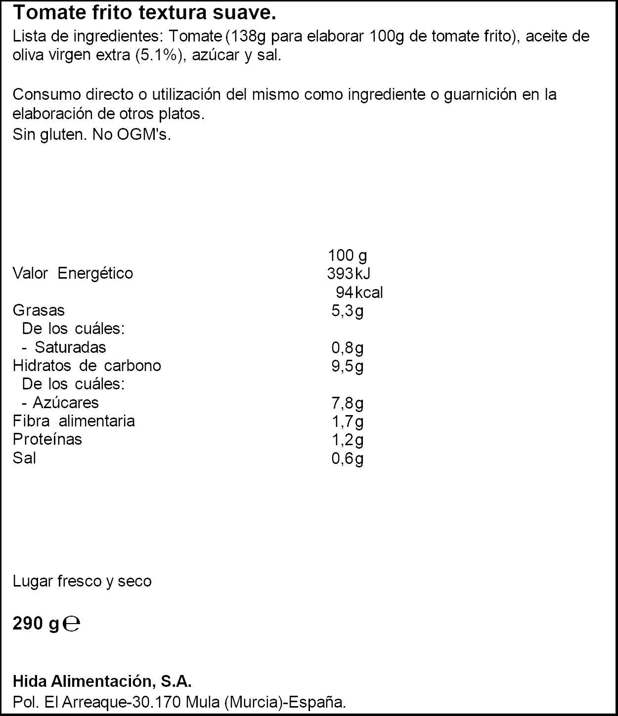 Tomate frito textura suave cristal Hida 290g