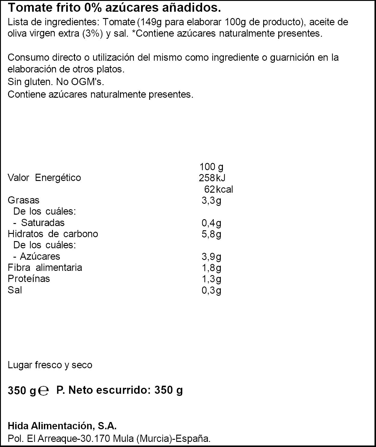 Tomate frito 0% azucares añadidos cristal Hida 350g escurr