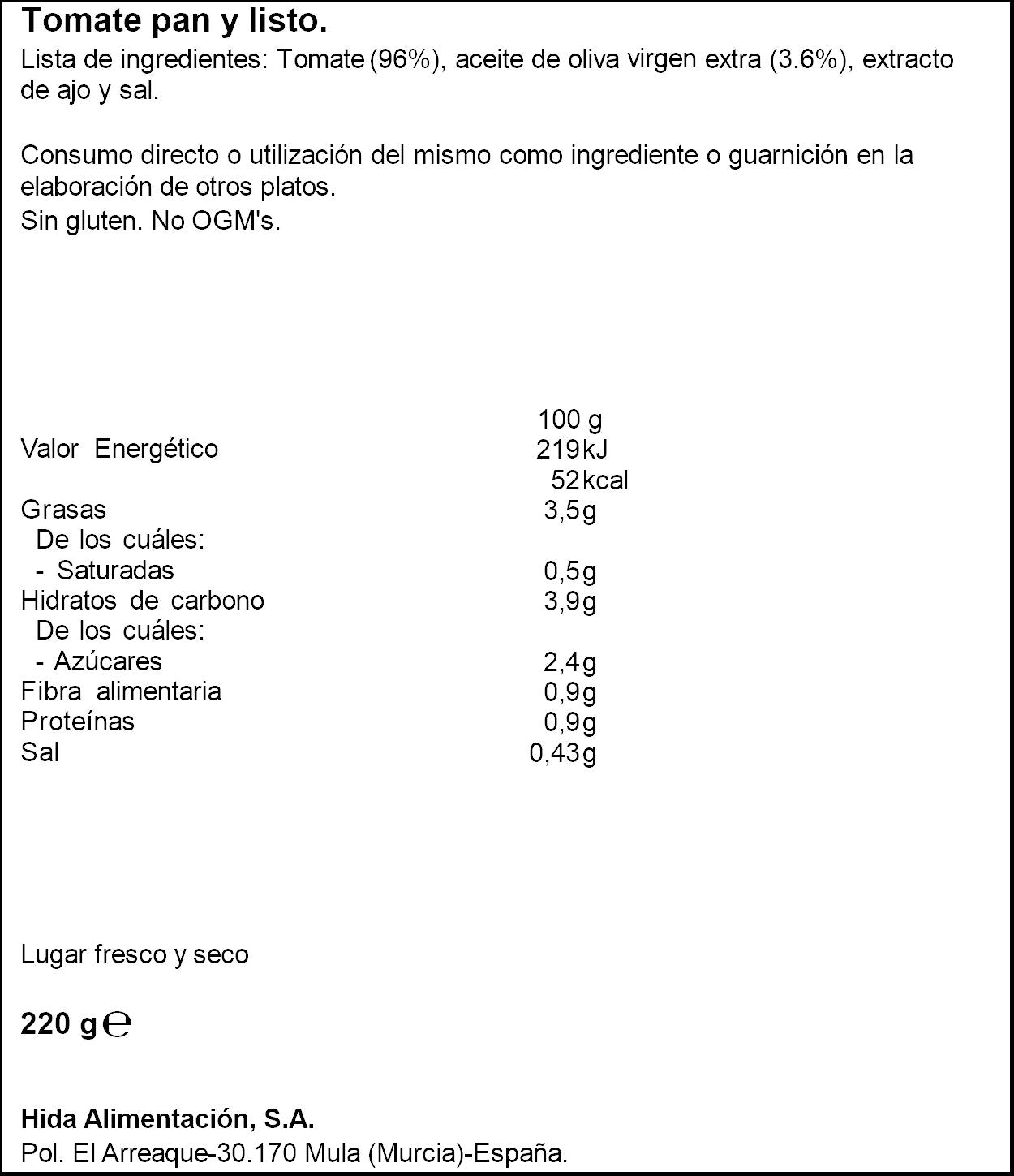 Tomate 'tumaca' pan y listo cristal Hida 220g