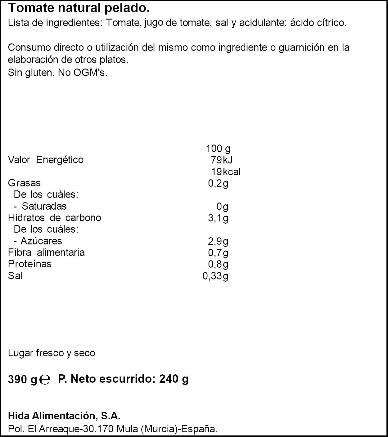 Tomate natural entero pelado lata Hida 390g