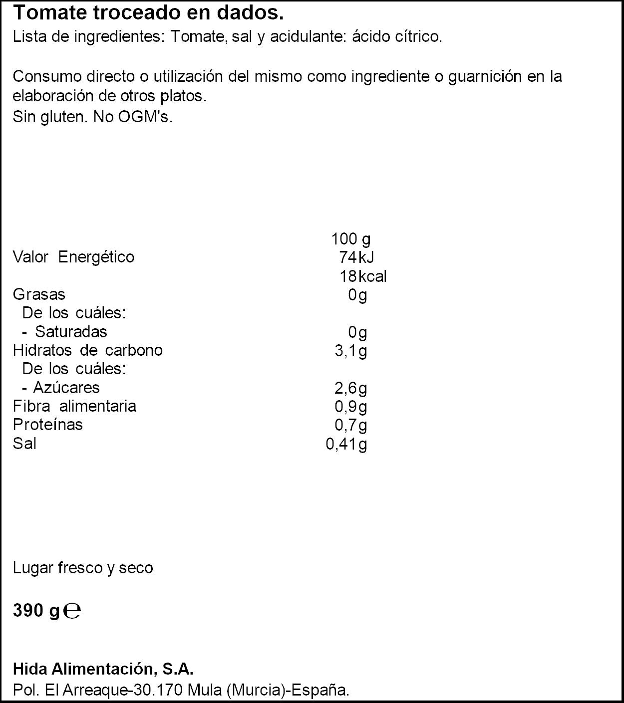 Tomate troceado natural extra dados lata Hida 390g escurr