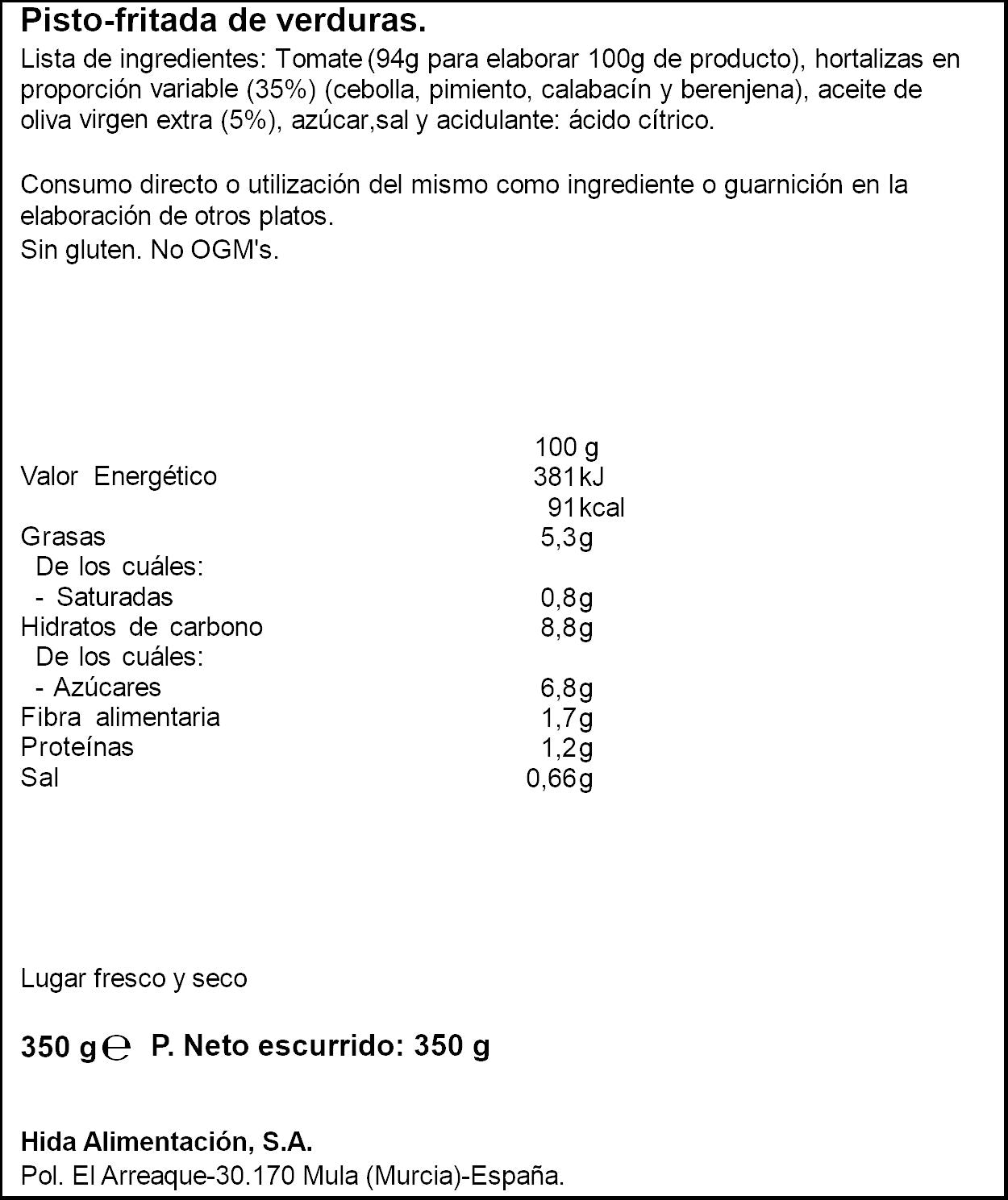 Pisto fritada de verduras cristal Hida 350g escurr