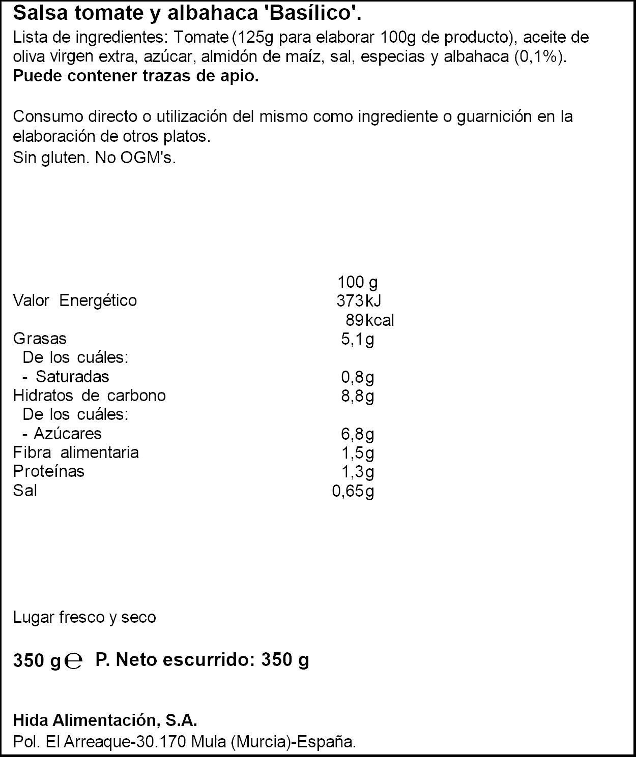 Salsa de tomate con albahaca Hida 350g