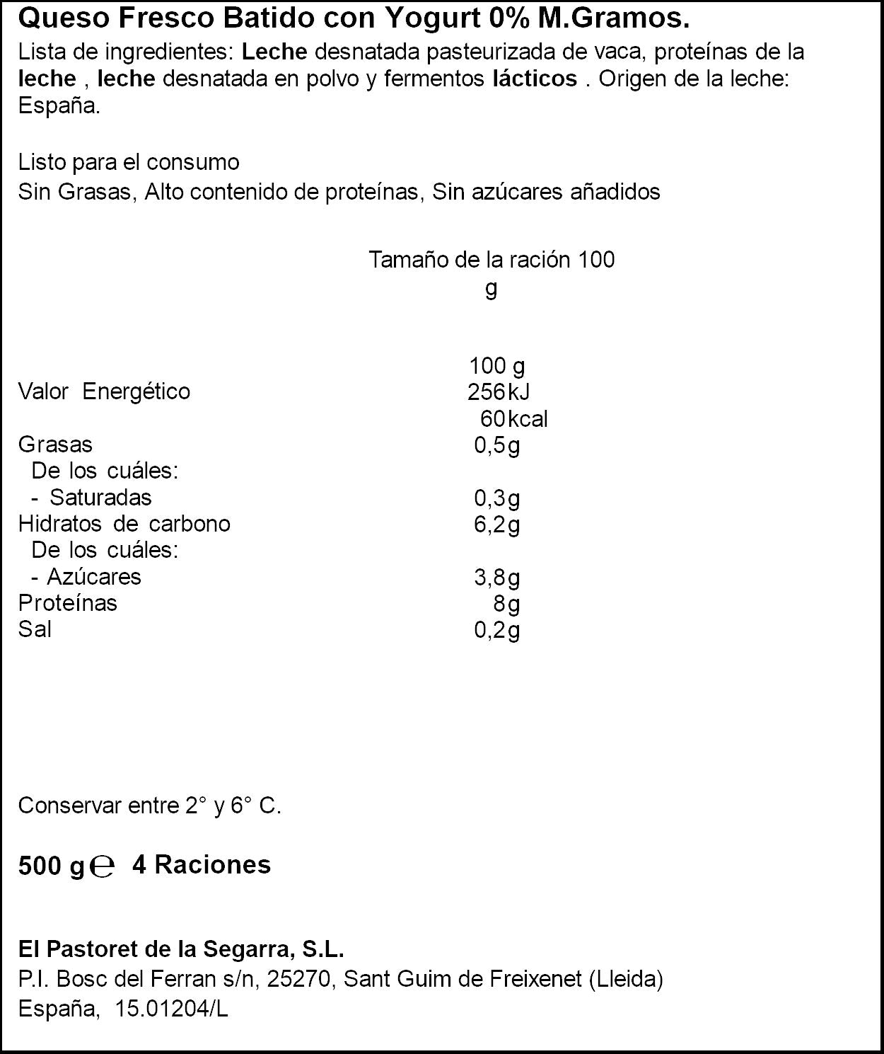 Queso fresco batido c/yogur 0% Pastoret 500g