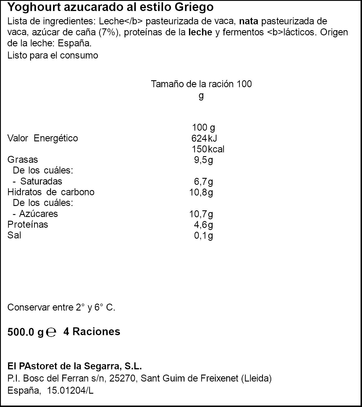 Yogur griego natural azucarado Pastoret 500g