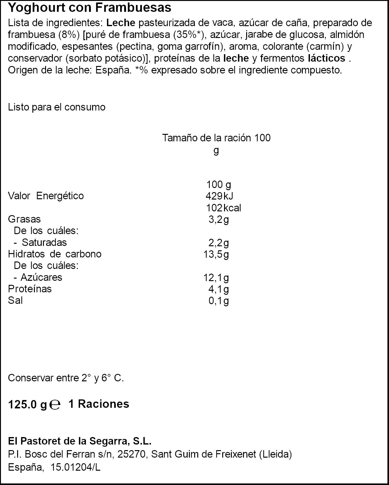 Yogur con frambuesas Pastoret 125g