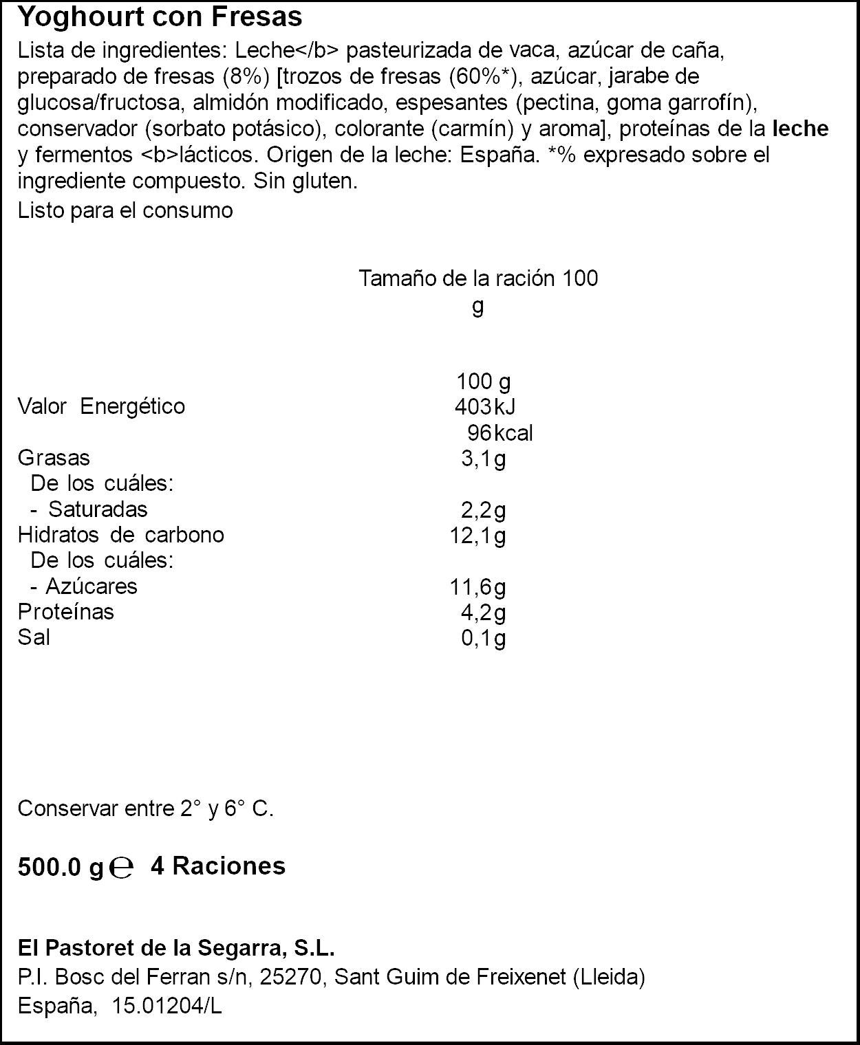 Yogur artesanal c/fresas Pastoret 500g