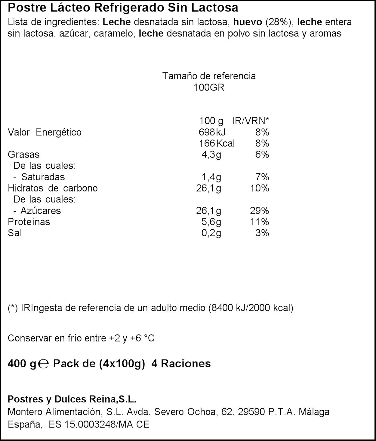 Flan huevo s/lactosa Reina p4 100g/u