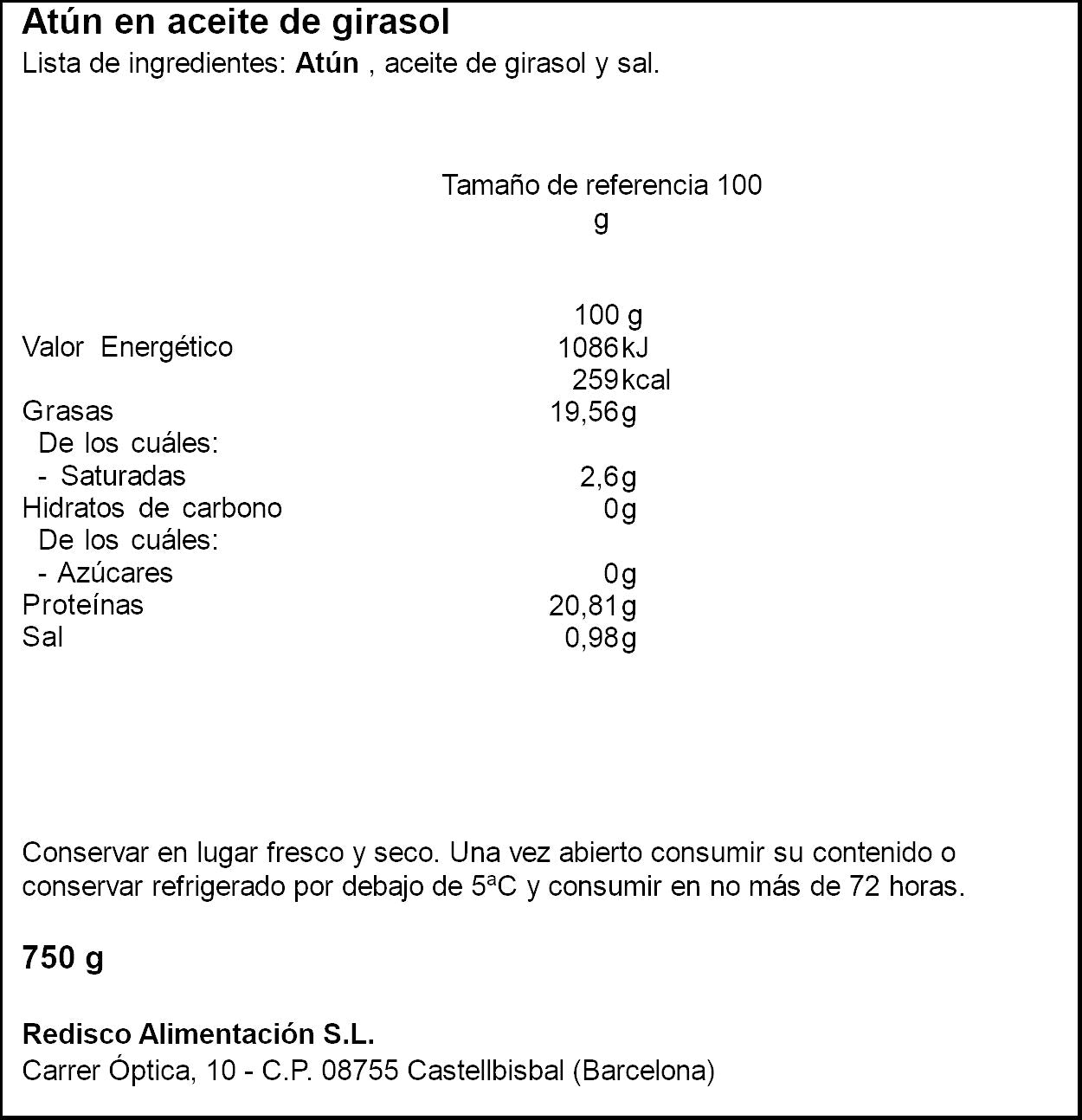 Atun aceite girasol Baymar 650g escurr