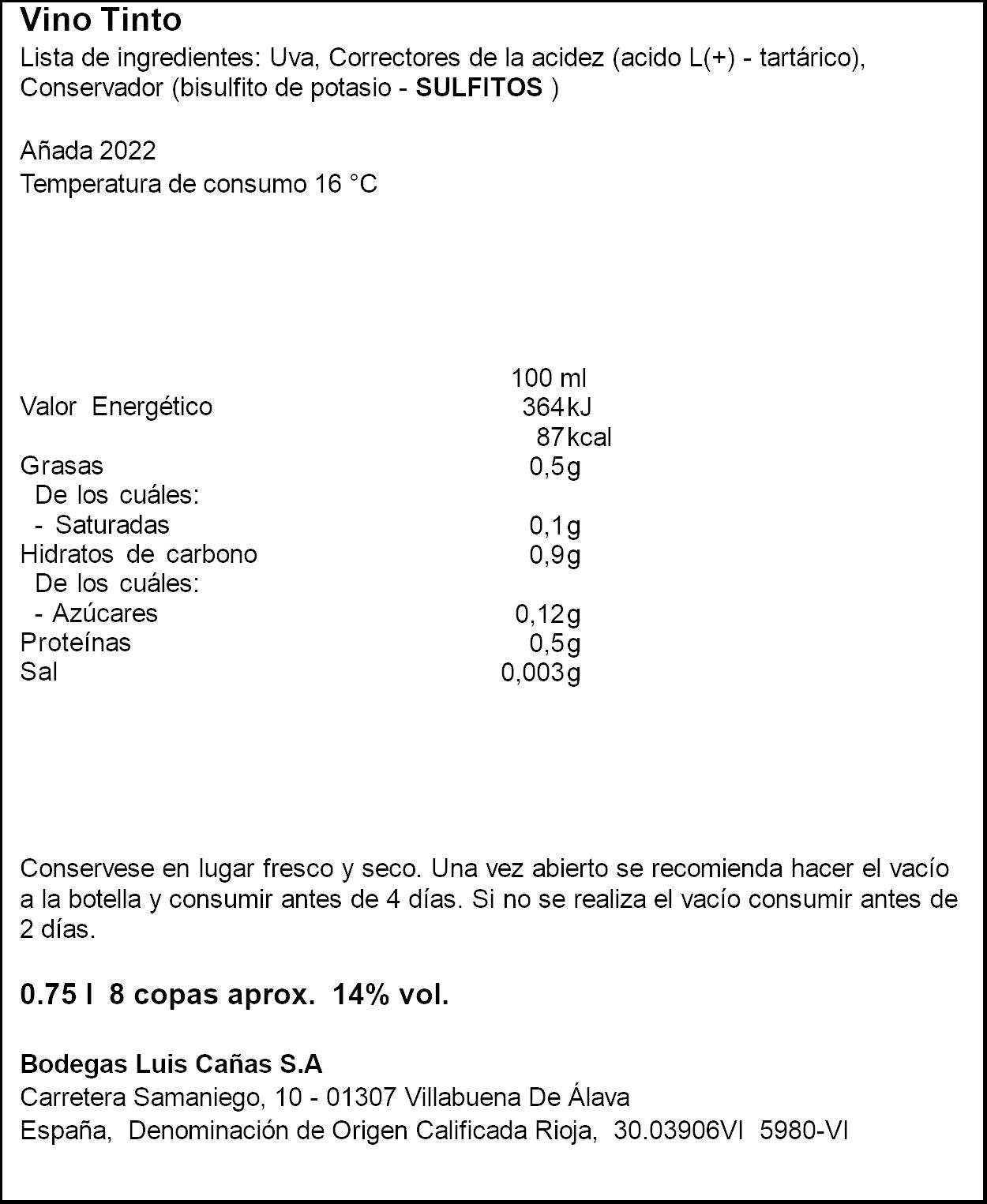 Vino tinto rioja crianza Luis cañas 750ml