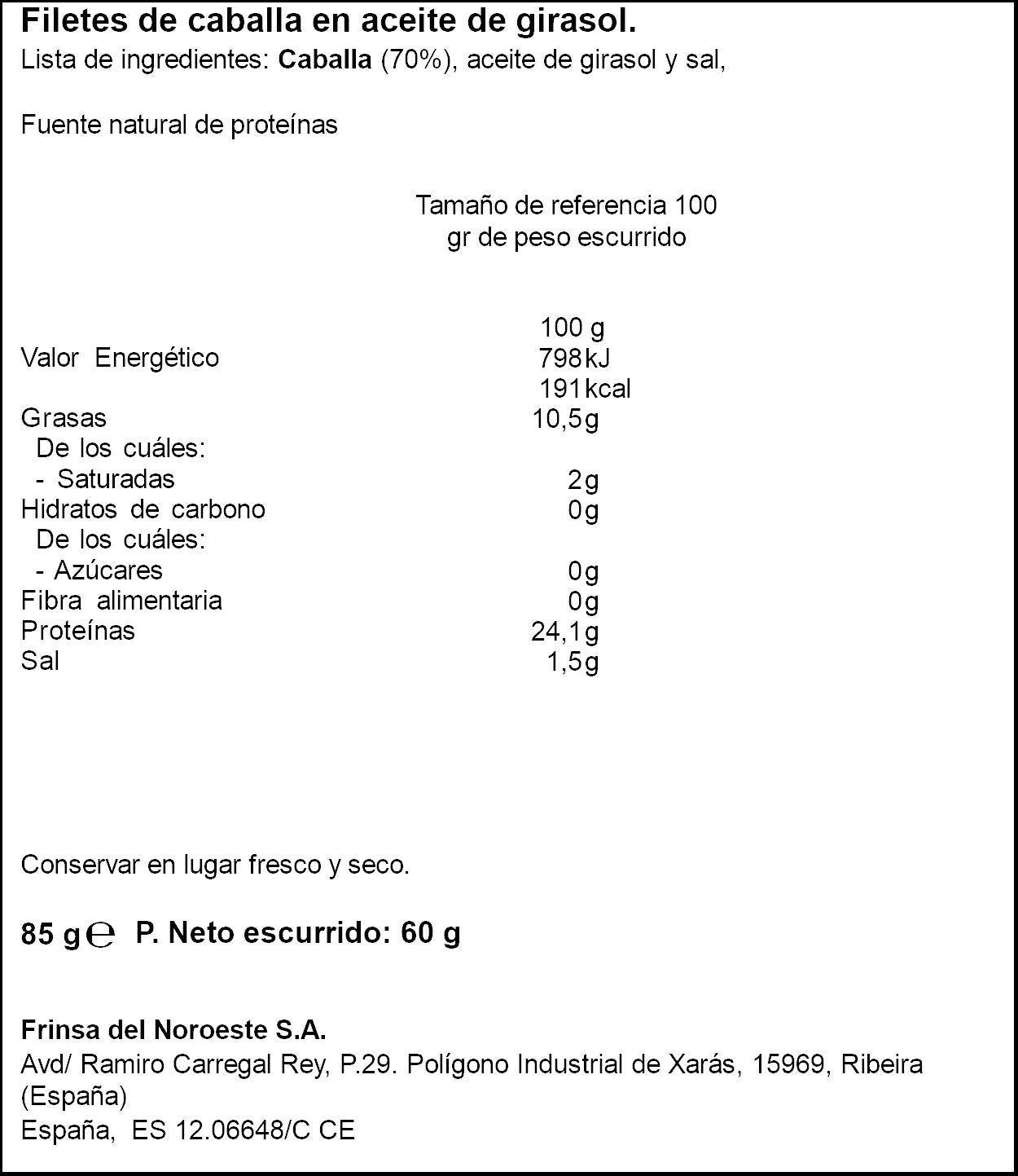 Filete caballa aceite girasol r90 lata Ribeira 60g escurr