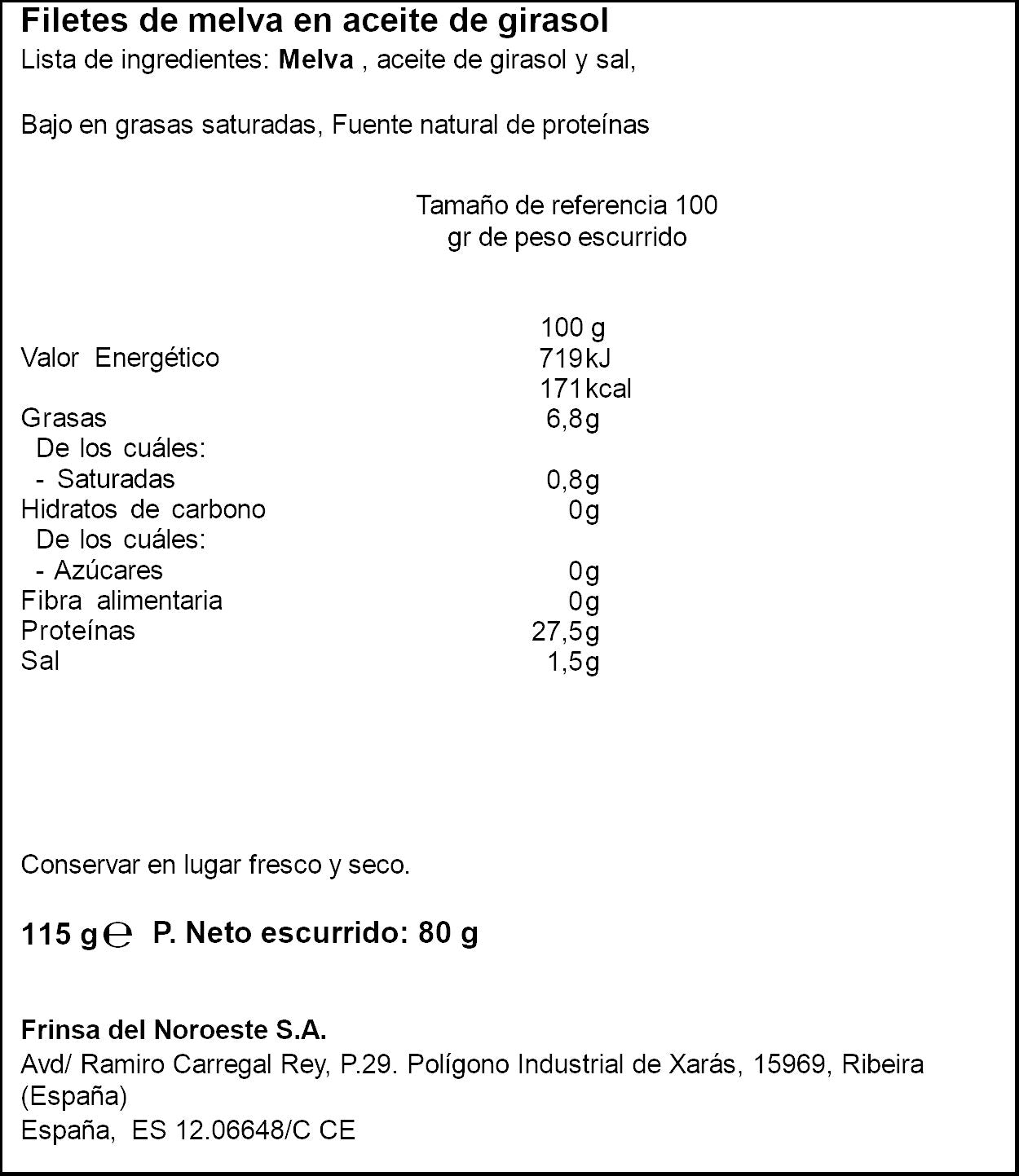 Filete de melva aceite girasol rr-125 Ribeira 80g escurr
