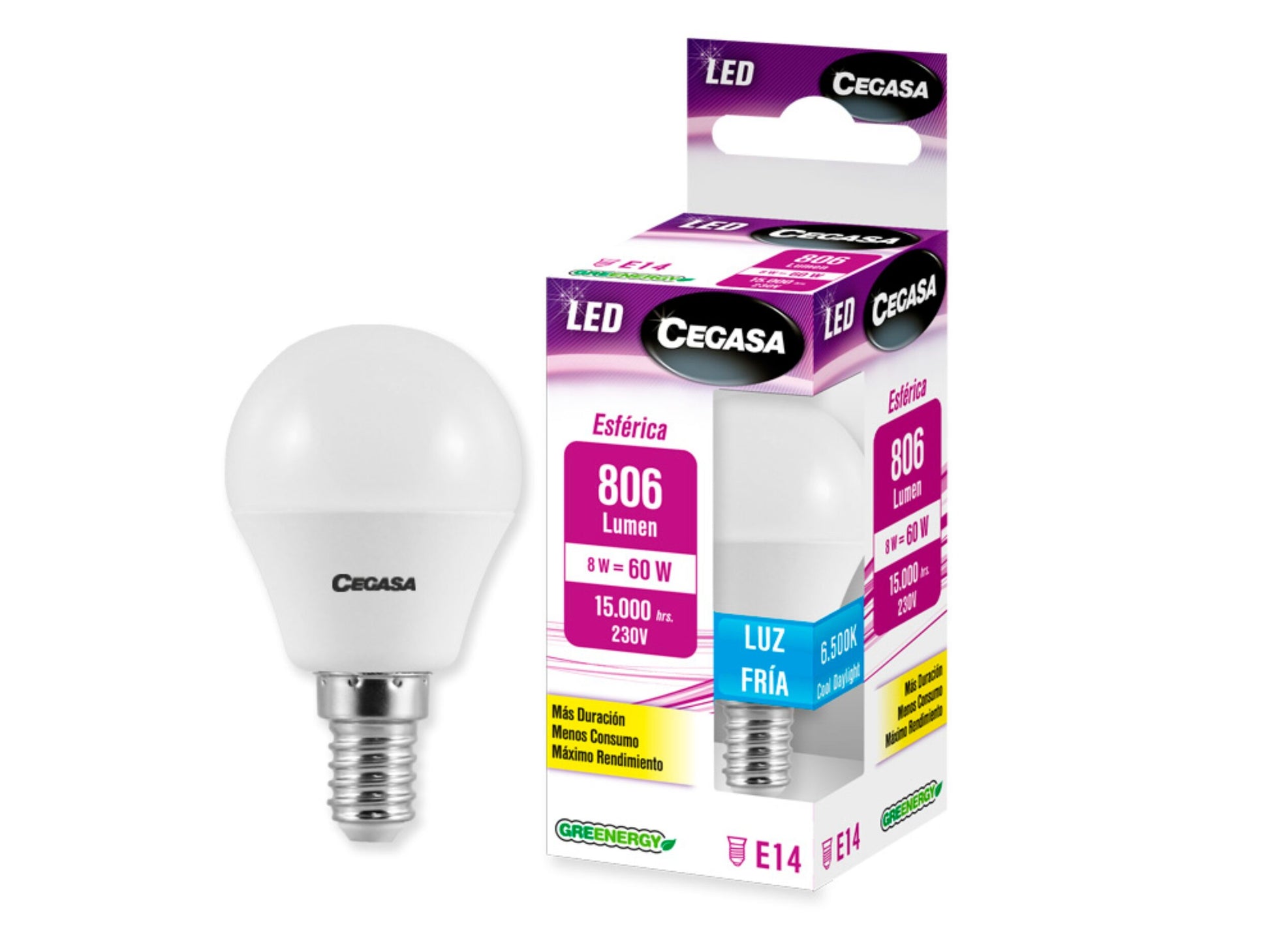 BOMBILLA LED ESFÉRICA 8W E14 806LM LUZ FRIA CEGASA 1U